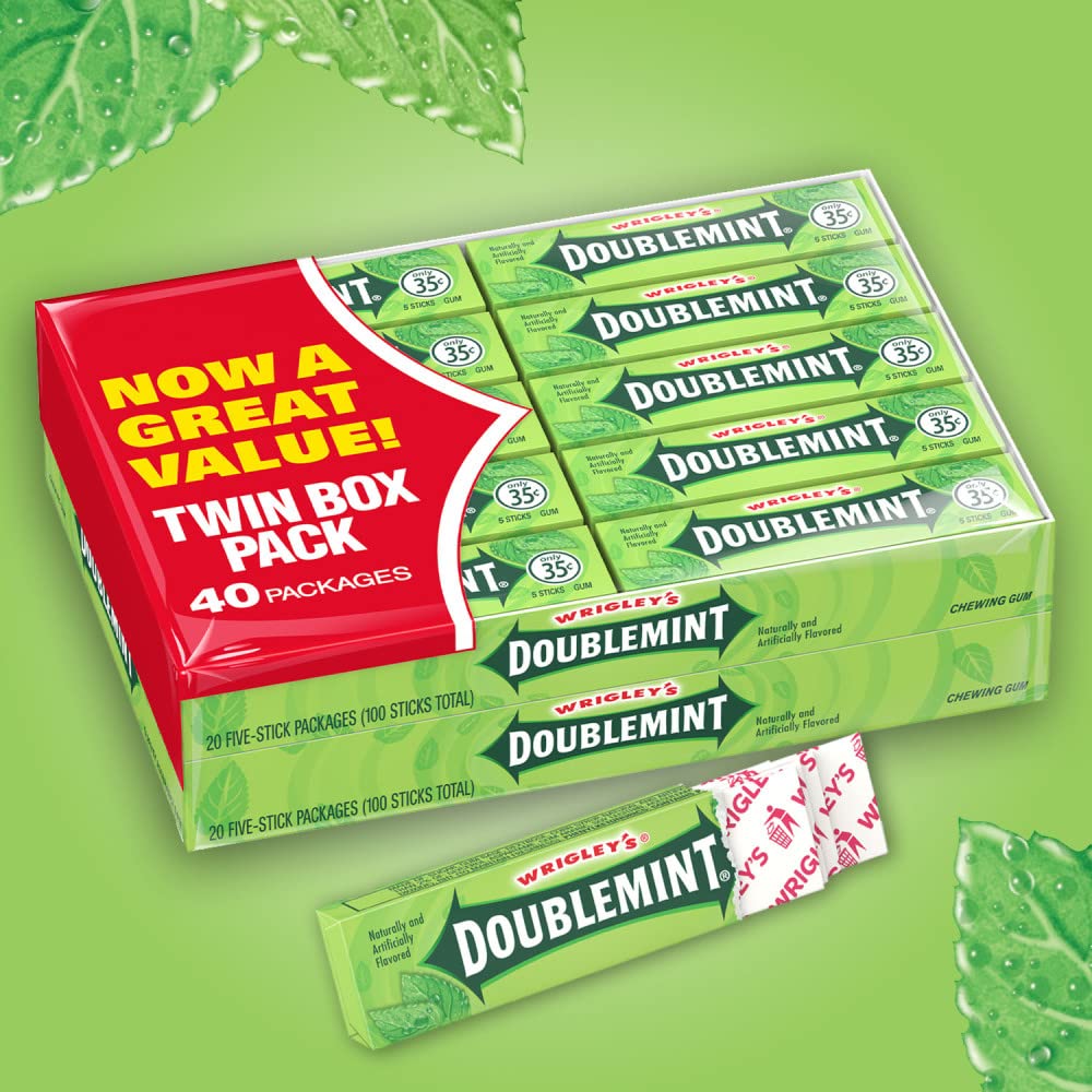 WRIGLEY'S DOUBLEMINT Mint Gum Chewing Gum Bulk Pack, 5 Stick (Pack of 40)