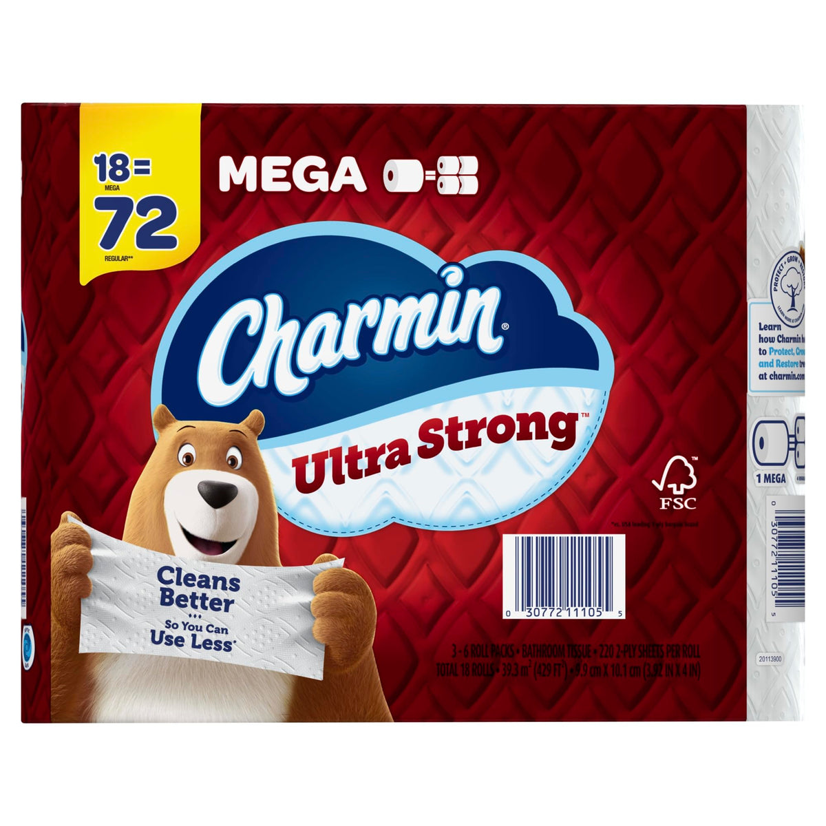 Charmin Ultra Strong Toilet Paper Mega Rolls, 4" x 3-15/16", White, 220 Sheets Per Roll, Pack Of 18 Mega Rolls
