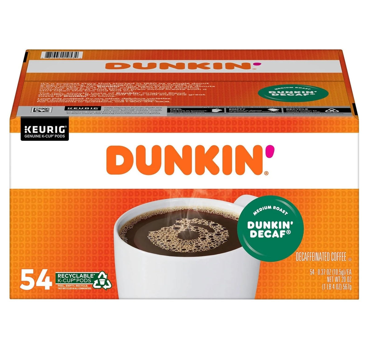 Dunkin' Donuts Original Blend Decaf K Cup Pods, 54 ct.,, 20 Oz ()