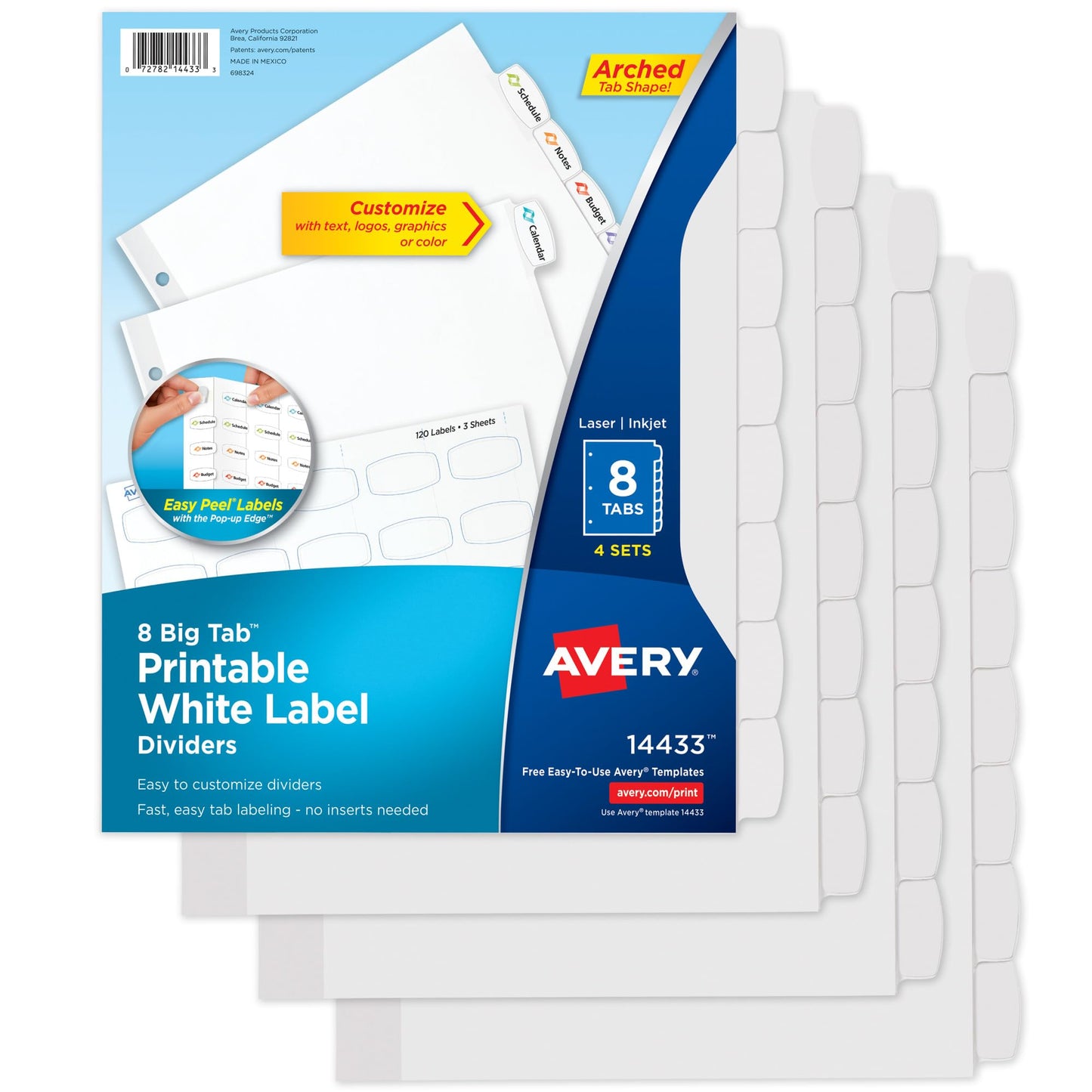 Avery Big Tab Printable White Label Dividers with Easy Peel, 8 Tabs, 4 Sets (14433)