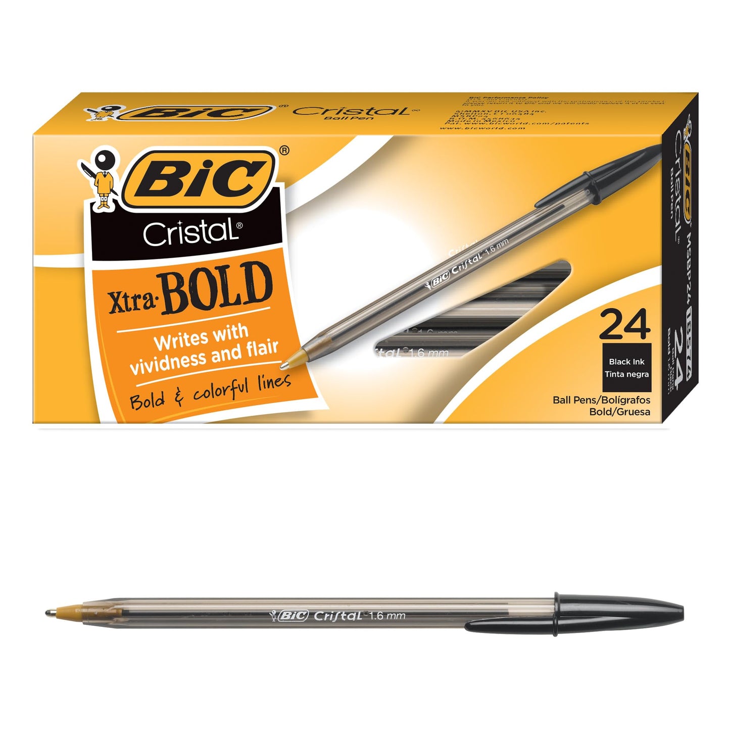 BIC Cristal Xtra Bold Ballpoint Pens, Bold Point (1.6mm) For Vivid And Dramatic Lines, Black Ink, 24-Count Pack, Perfect Ink Pens