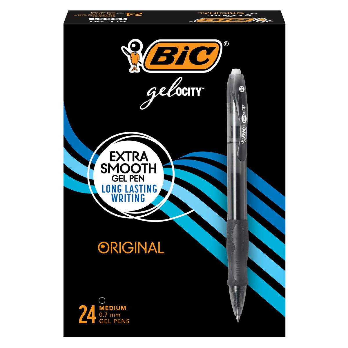 BIC Gelocity Original Black Gel Pens, Medium Point (0.7mm), 24-Count Pack, Retractable Gel Pens With Comfortable Grip