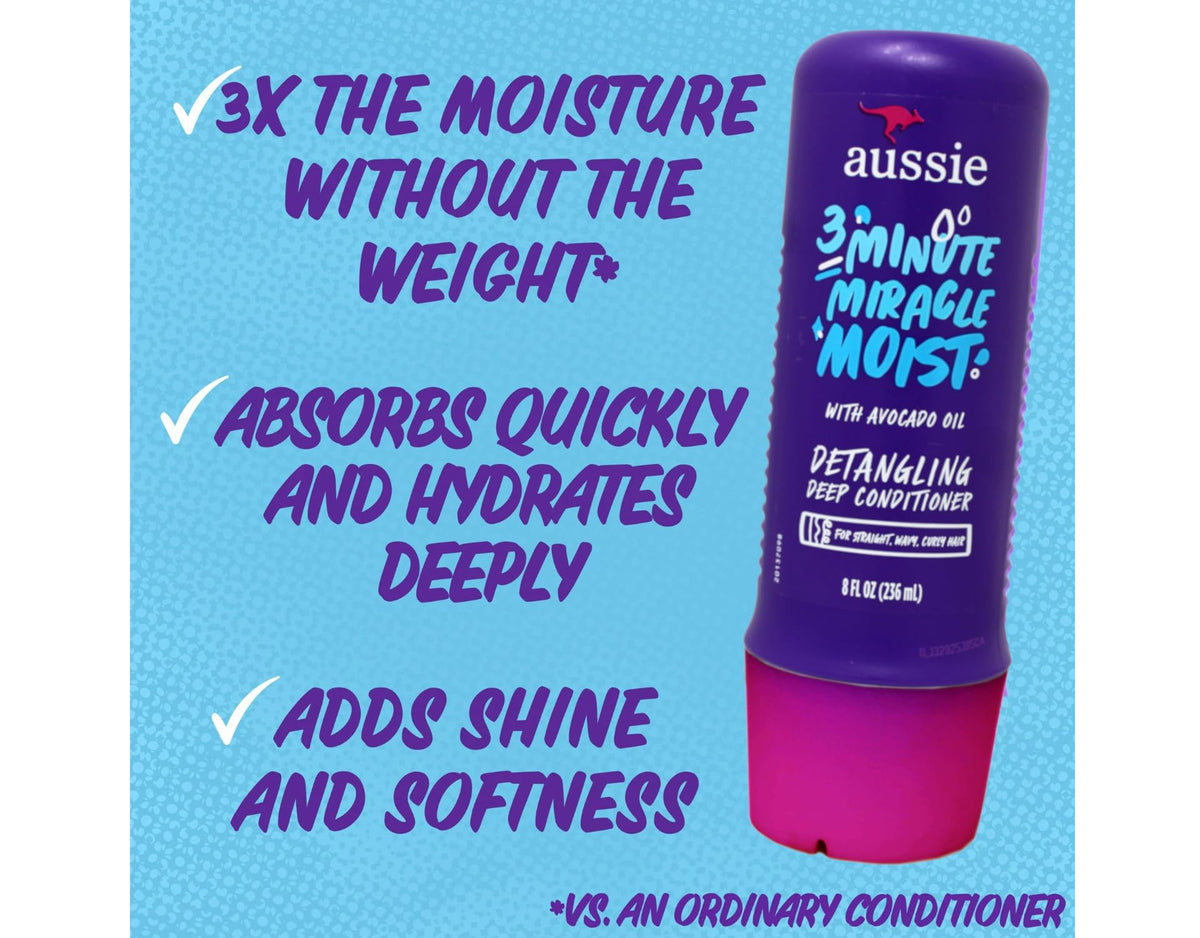 Aussie 3 Minute Miracle Moist Detangling Deep Conditioner Treatment with Avocado Oil, 8 fl oz, Paraben and Sulfate Free