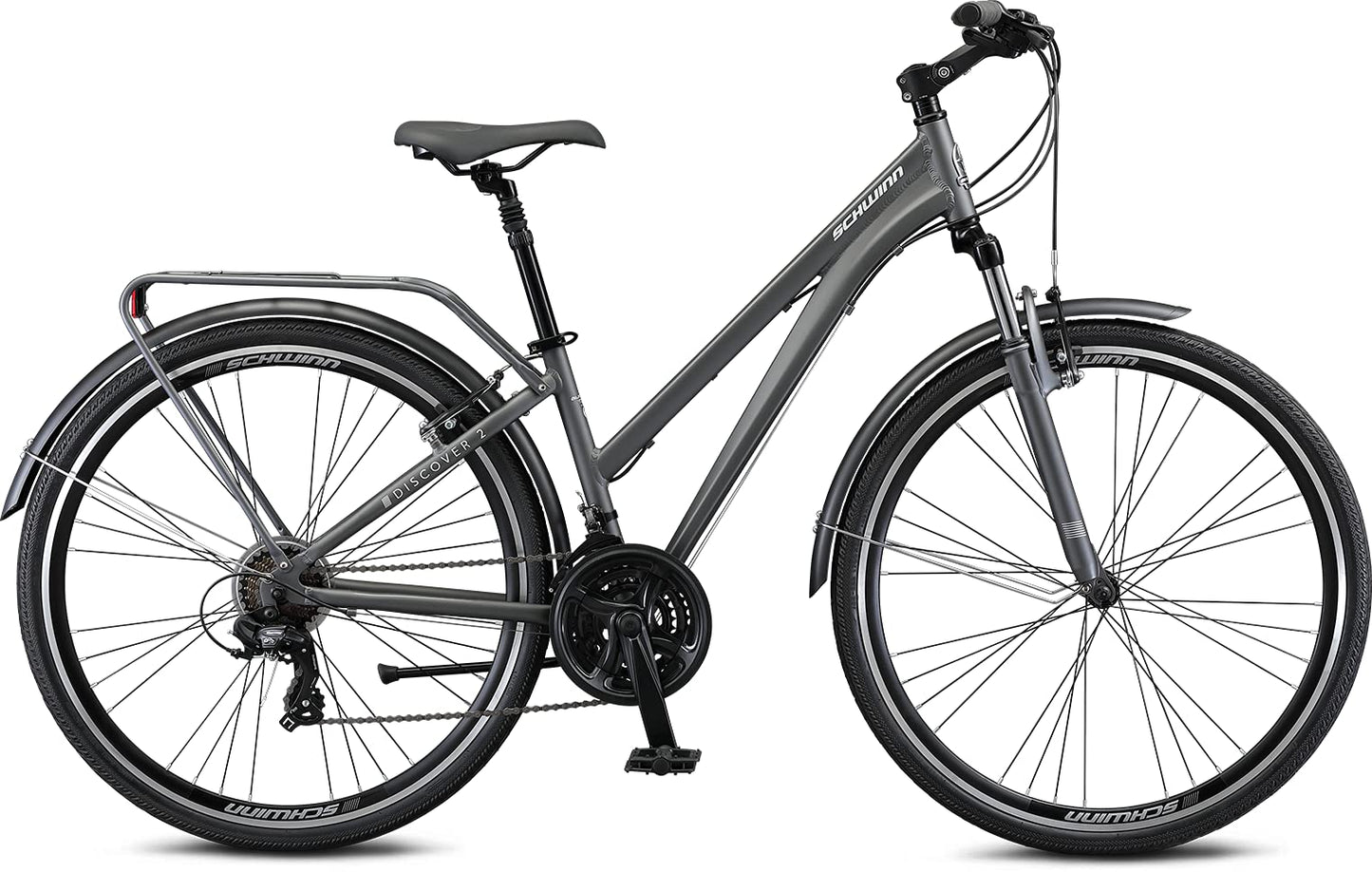 Schwinn Discover 2 Adult Hybrid Bike for Men and Women, 700c Wheels, 21-Speeds, 15-Inch Frame, Front and Rear Fenders, Rear Cargo Rack, Matte Grey