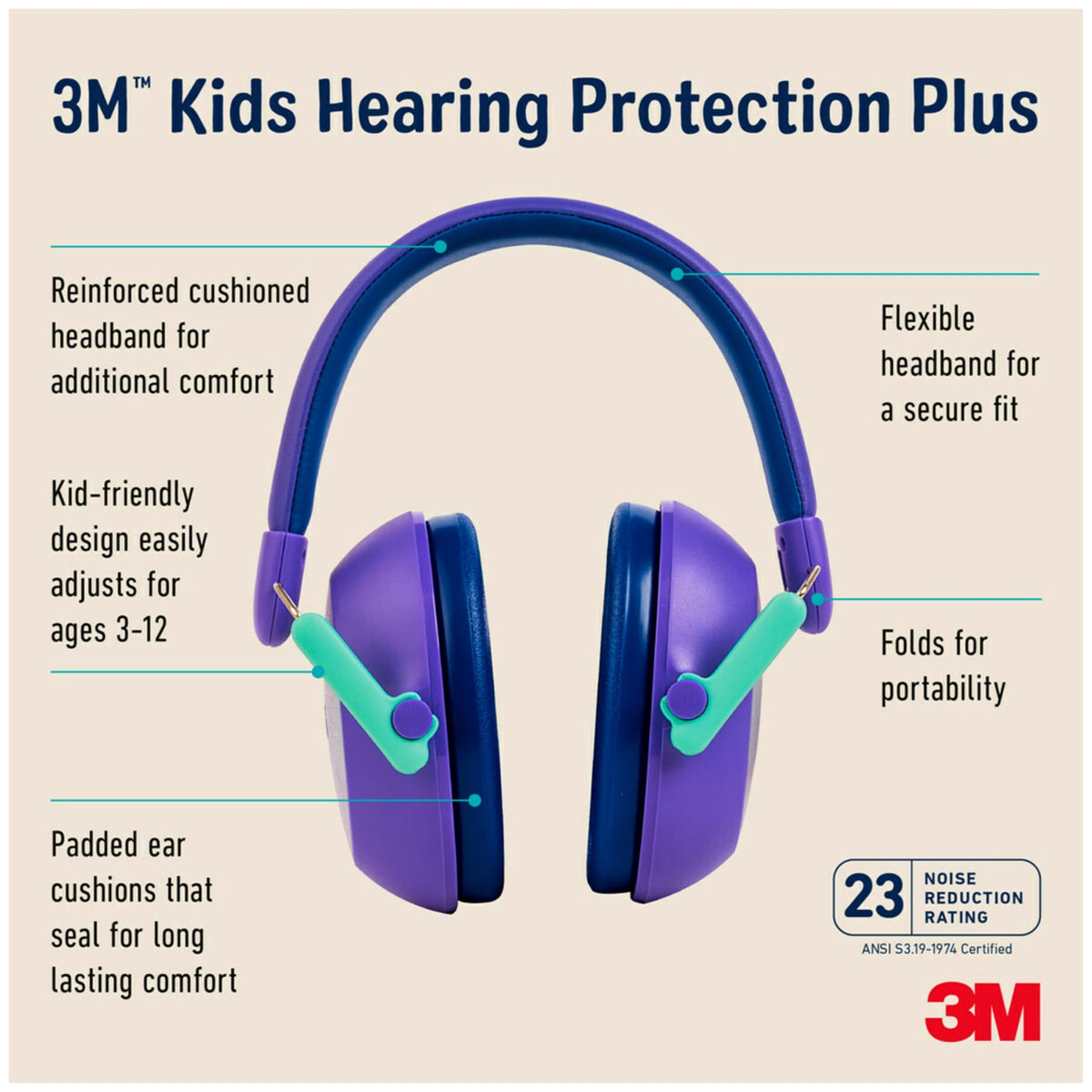 3M Kids' Hearing Protection, Purple, 23dB NRR