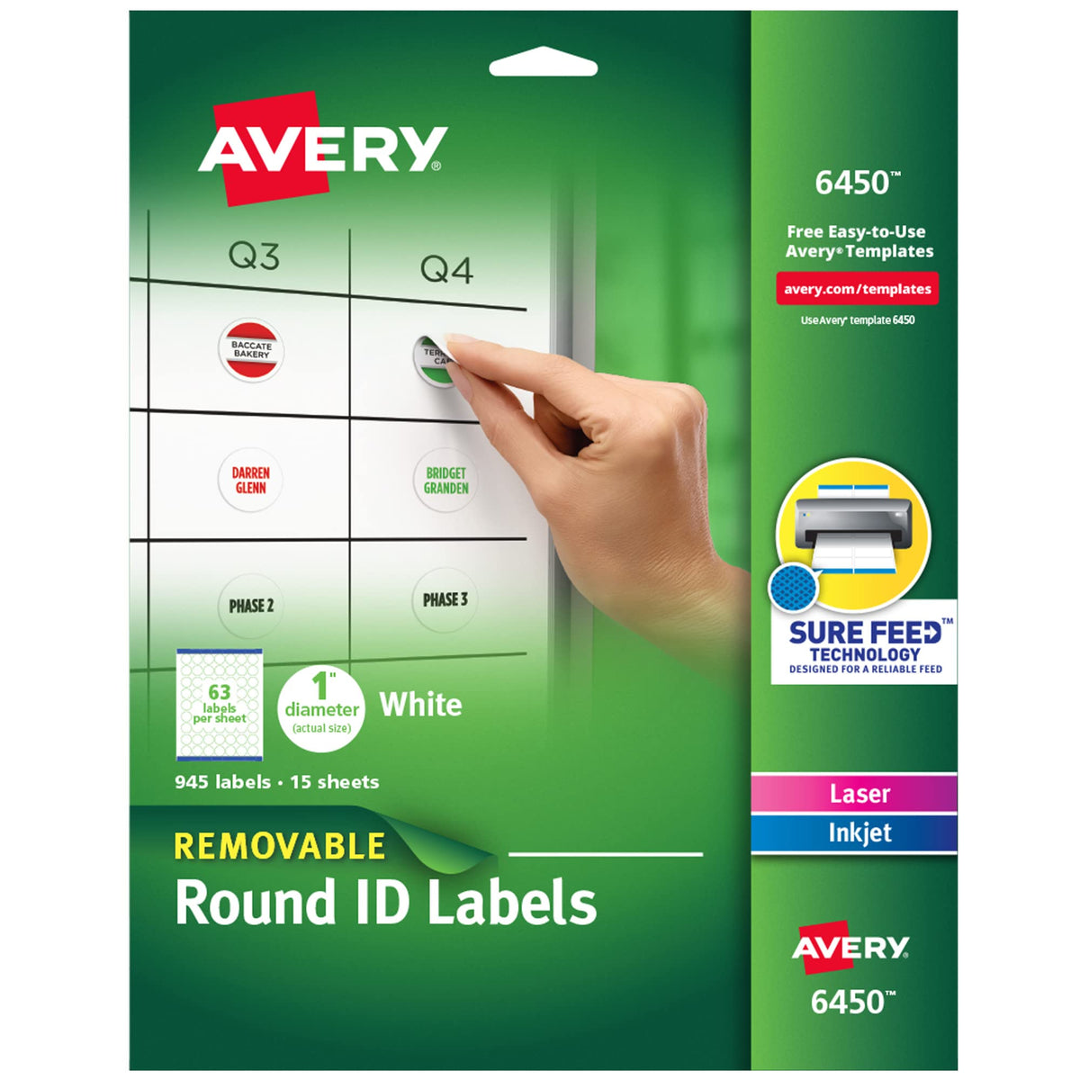 Avery Multiuse Removable 1" Round Labels with Sure Feed, 945 Small White Labels for Organization and Storage (6450)