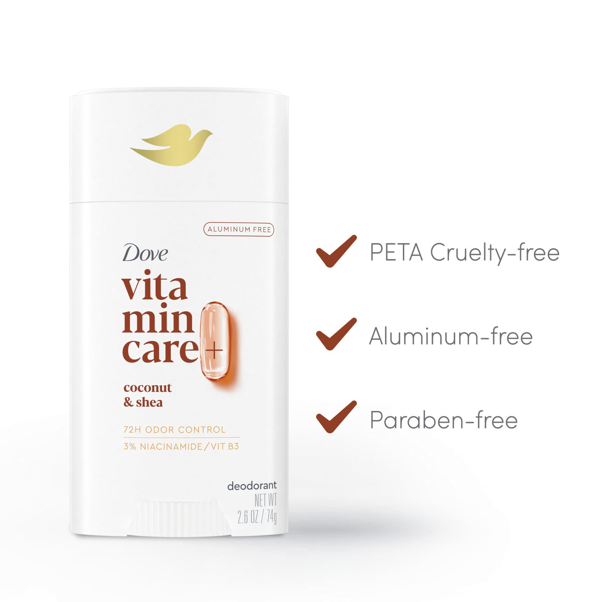 Dove VitaminCare+ Aluminum Free Deodorant Stick for 72H Odor Protection Coconut & Shea Breathable Deodorant for Women 2.6 oz