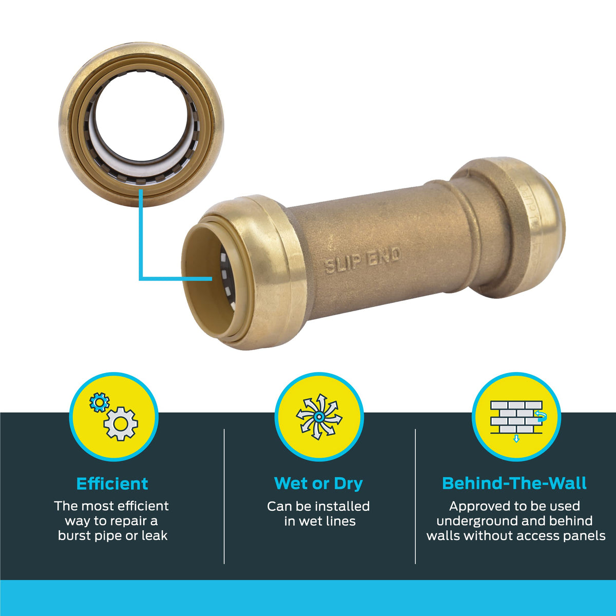 SharkBite 1 Inch Slip Coupling, Push to Connect Brass Plumbing Fitting, PEX Pipe, Copper, CPVC, PE-RT, HDPE, U3020LF