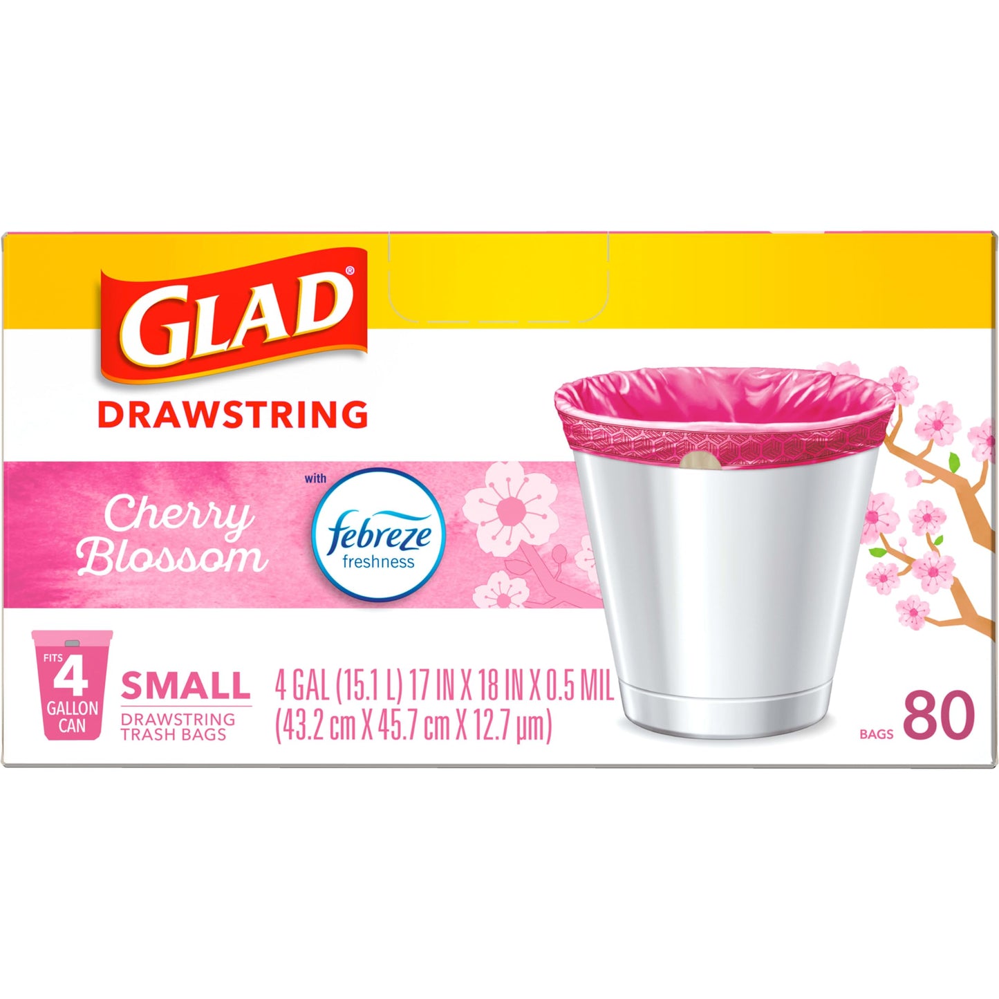 Glad Small Trash Bags 4 Gallon, Febreze Cherry Blossom Garbage Bags, Odor Resistant with Drawstring, 80 Count