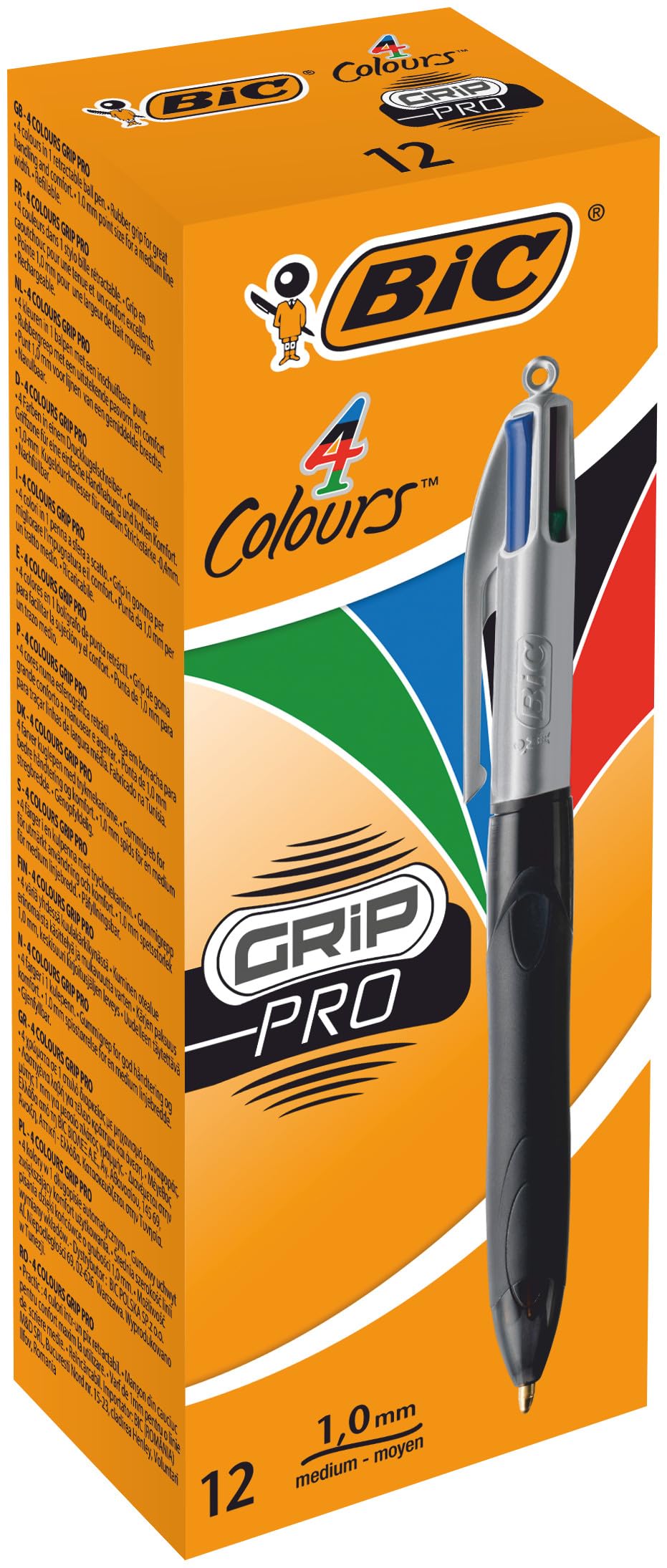 BIC 4 Colours Grip Pro Retractable Medium Point (1.0 mm) Ballpoint Pens, 12 Pens and Each Pen Contains 4 Colours