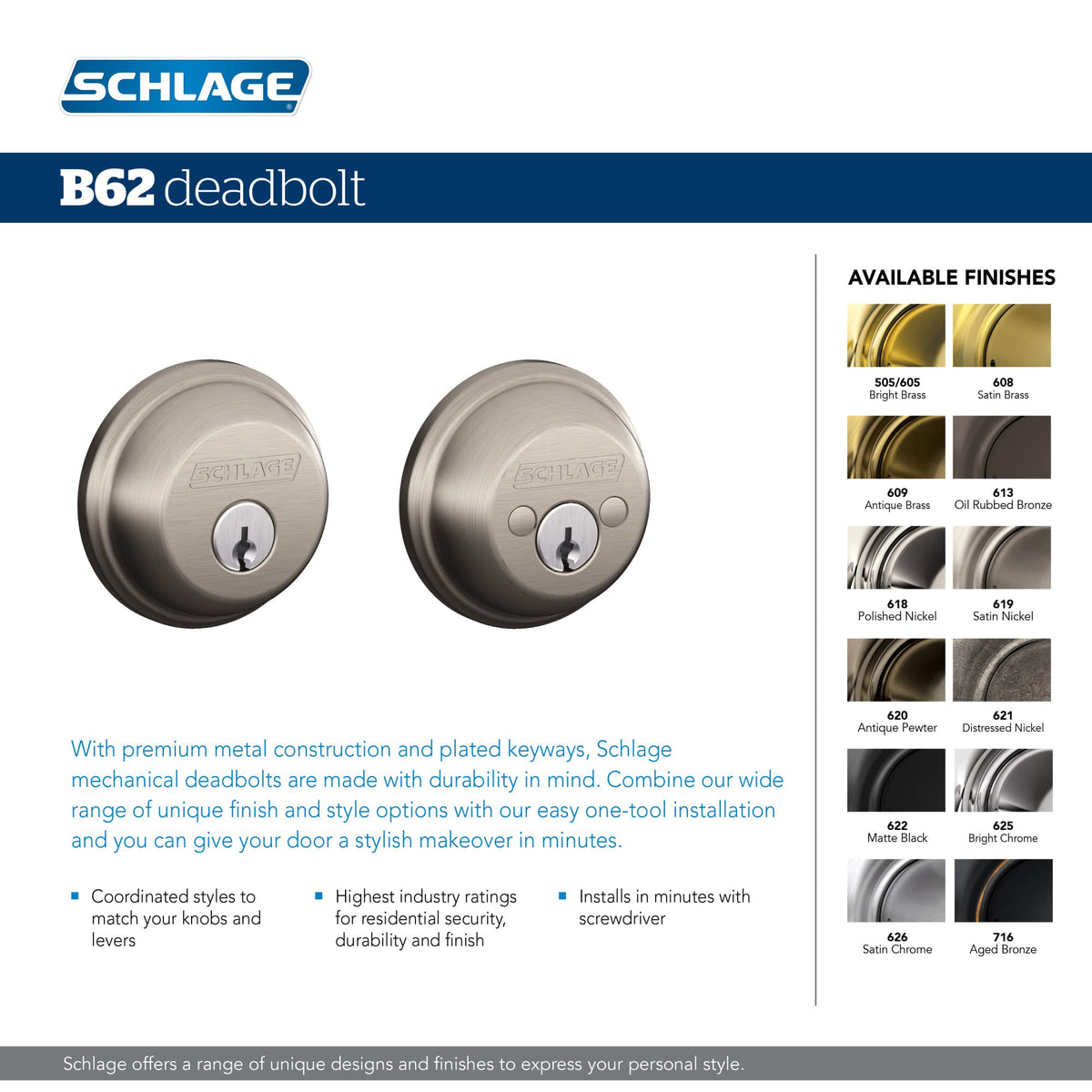 SCHLAGE B62N619 Deadbolt, Keyed 2 Sides, Satin Nickel