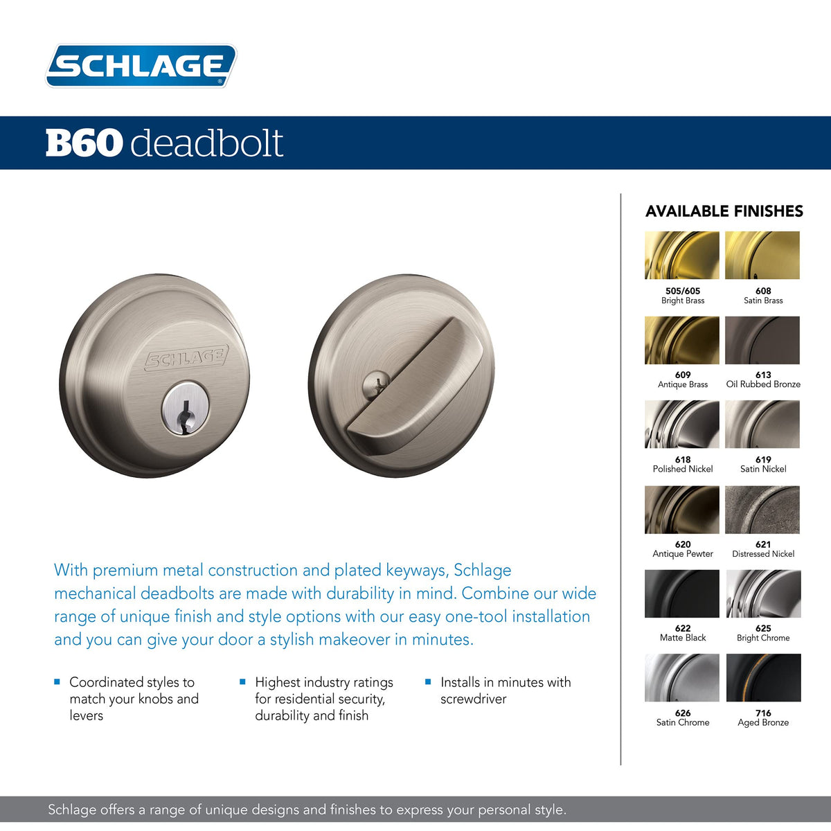 Schlage B60 N 619 Deadbolt, Keyed 1 Side, Highest Residential Security, Satin Nickel