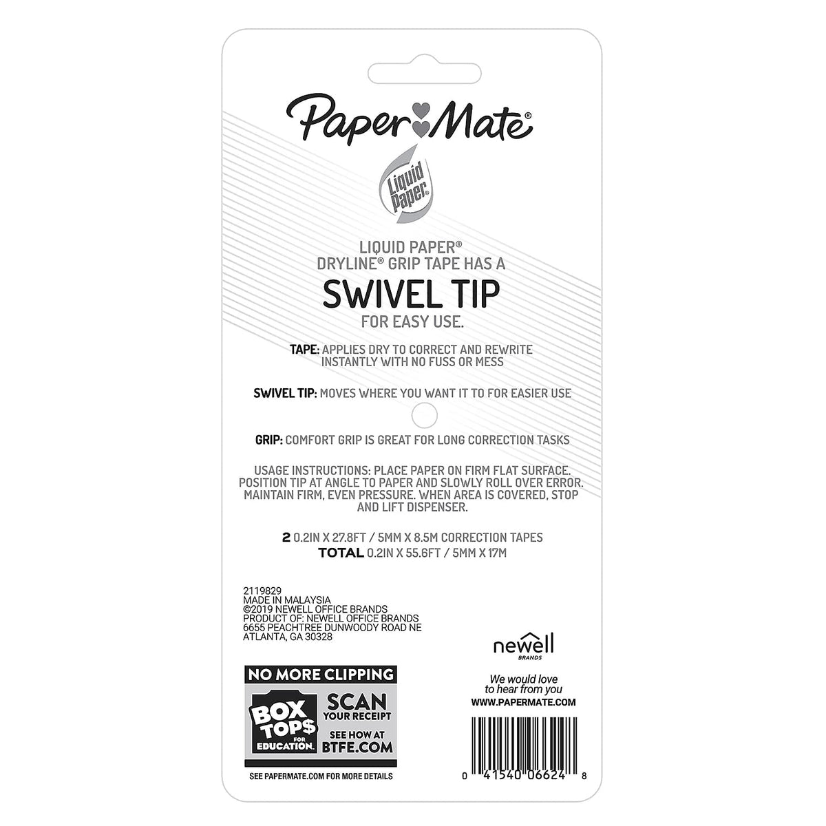 Paper Mate Liquid Paper DryLine Grip Correction White Tape, 2 Count