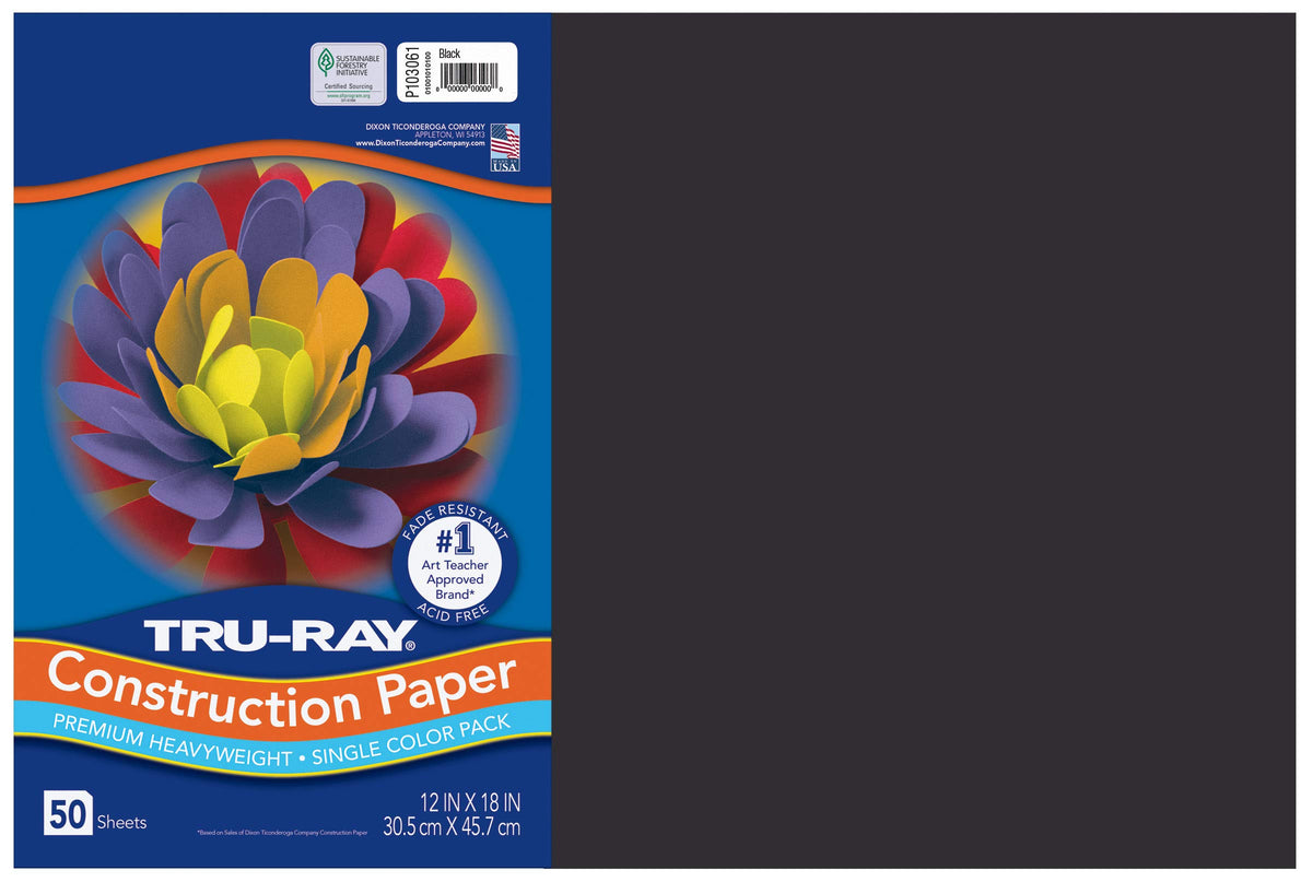 Pacon Tru-Ray 12-inch x 18-inch Construction Paper, Black, 50 Sheets (P103061)