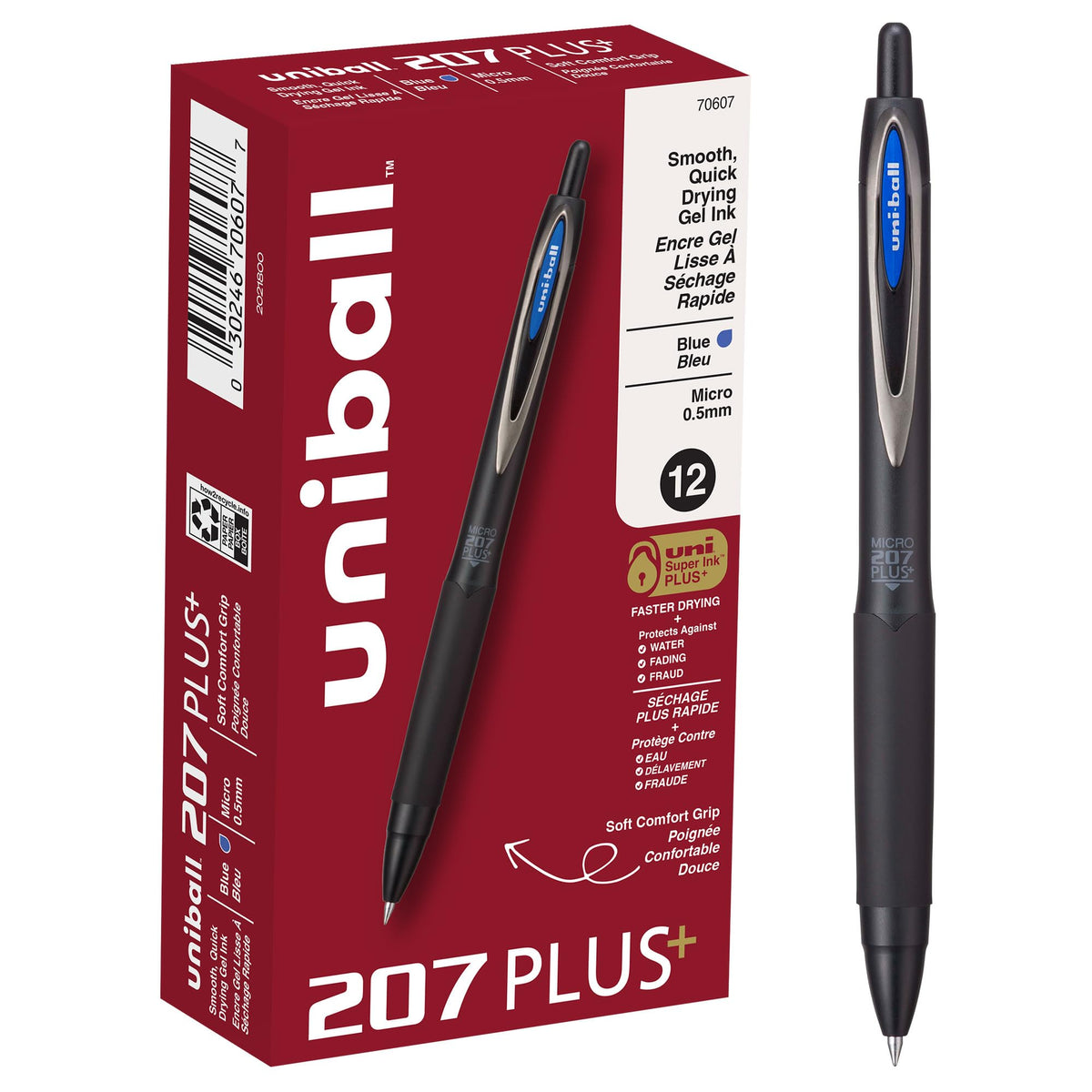 Uniball 207 Plus+ Retractable Gel Pens, Micro Point (0.5mm), Blue, 12 Pack