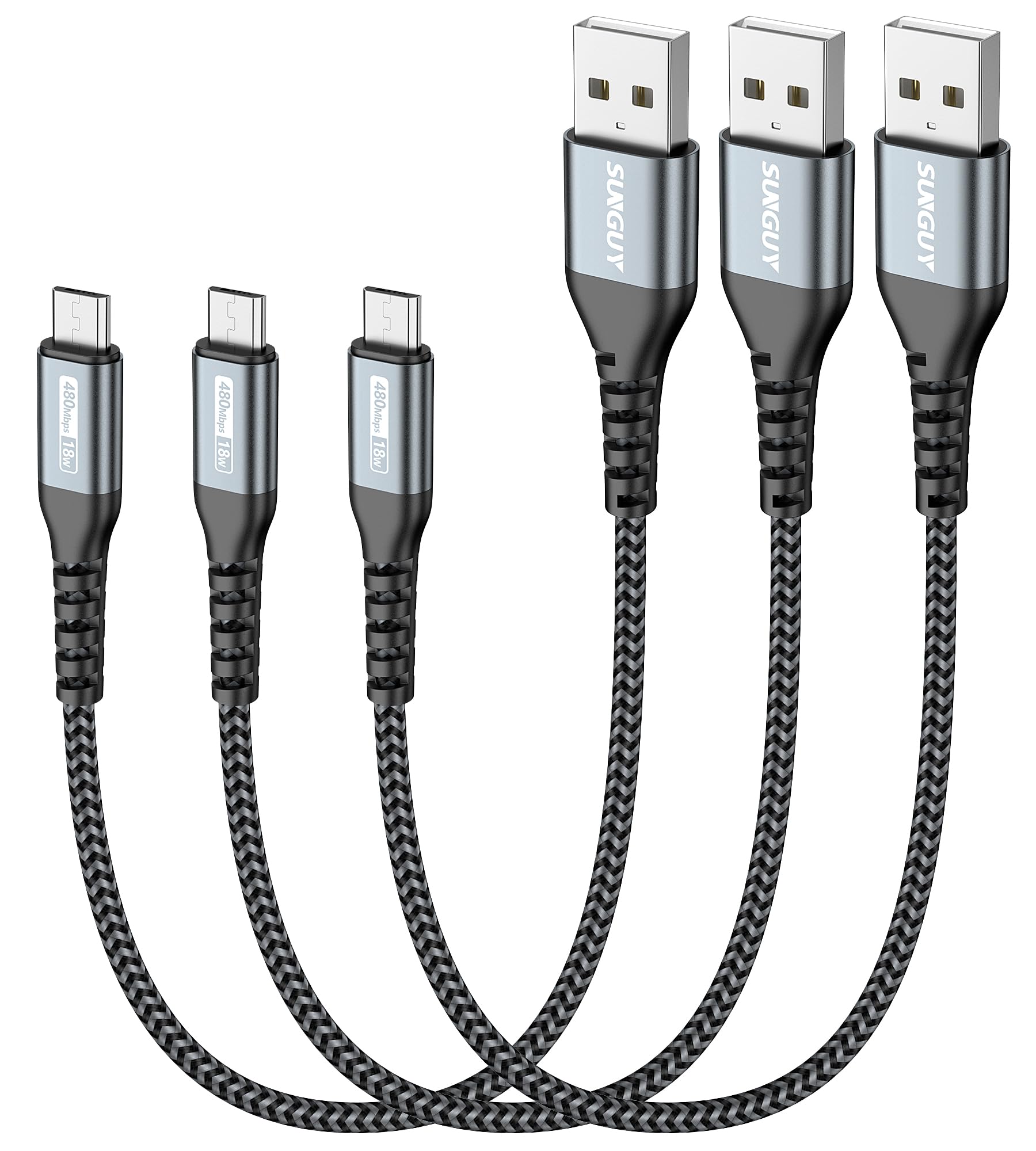 SUNGUY Micro USB Cable 1FT[3Pack], 18W Short USB to Micro USB Cable Fast Charging USB 2.0 Data Sync Nylon Braided for Samsung Galaxy S7 Edge S6, Android Phone, PS4