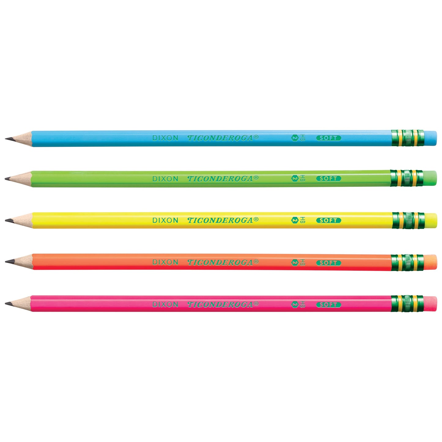 Ticonderoga Wood-Cased Pencils, Pre-Sharpened, #2 HB Soft, Neon Colors, 18 Count
