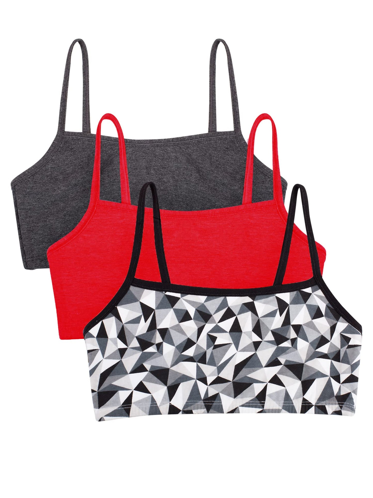 Fruit of the Loom Womens Spaghetti Strap Cotton Pull Over 3 Pack Sports Bra, Kaleidoscope/Charcoal/Red Hot, 38