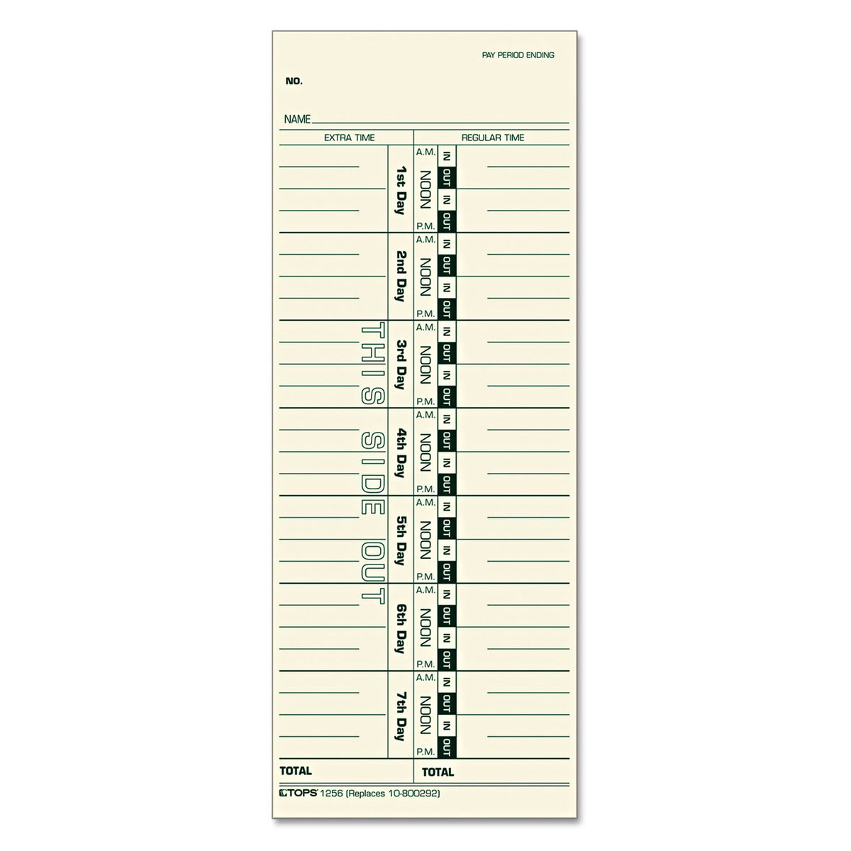 TOPS Time Cards, Weekly, 1-Sided, Numbered Days, 3-1/2" x 9", Manila, Green Print, 500-Count (1256)