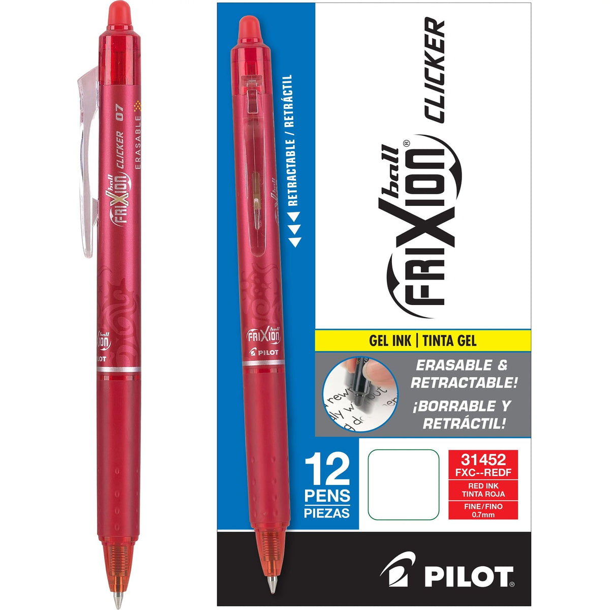 Pilot, FriXion Clicker Erasable Gel Pens, Fine Point. 0.7 mm, Pack of 12, Red
