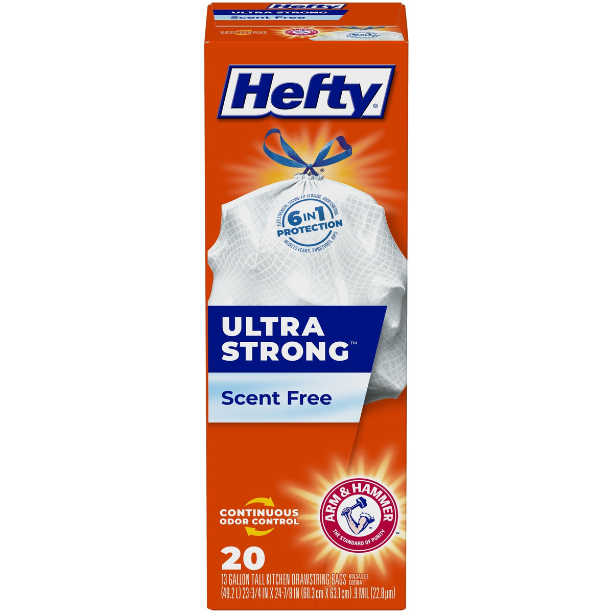 Hefty Ultra Strong Tall Kitchen Trash Bags, Unscented, 13 Gallon 20 Count (Pack of 6)