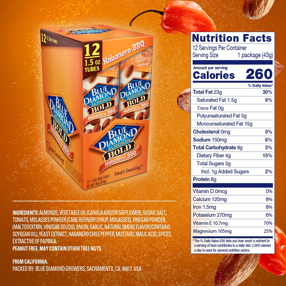 Blue Diamond Almonds, Bold Habanero BBQ, 1.5 Ounce, (Pack of 24)