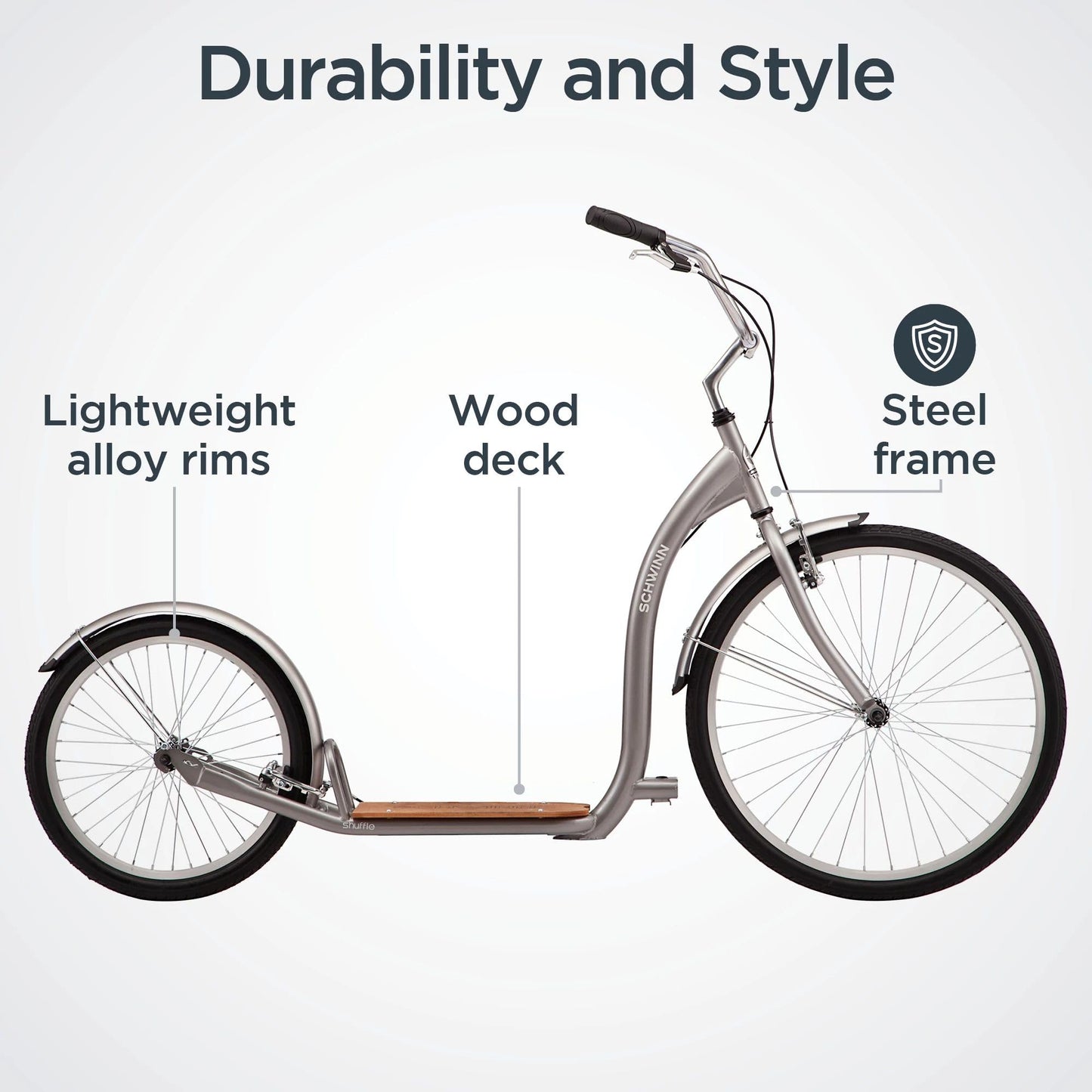 Schwinn Shuffle Adult Scooter, 26-Inch Front Wheel, 20-Inch Rear Wheel, Alloy Linear Pull Brakes, Steel Frame, Grey