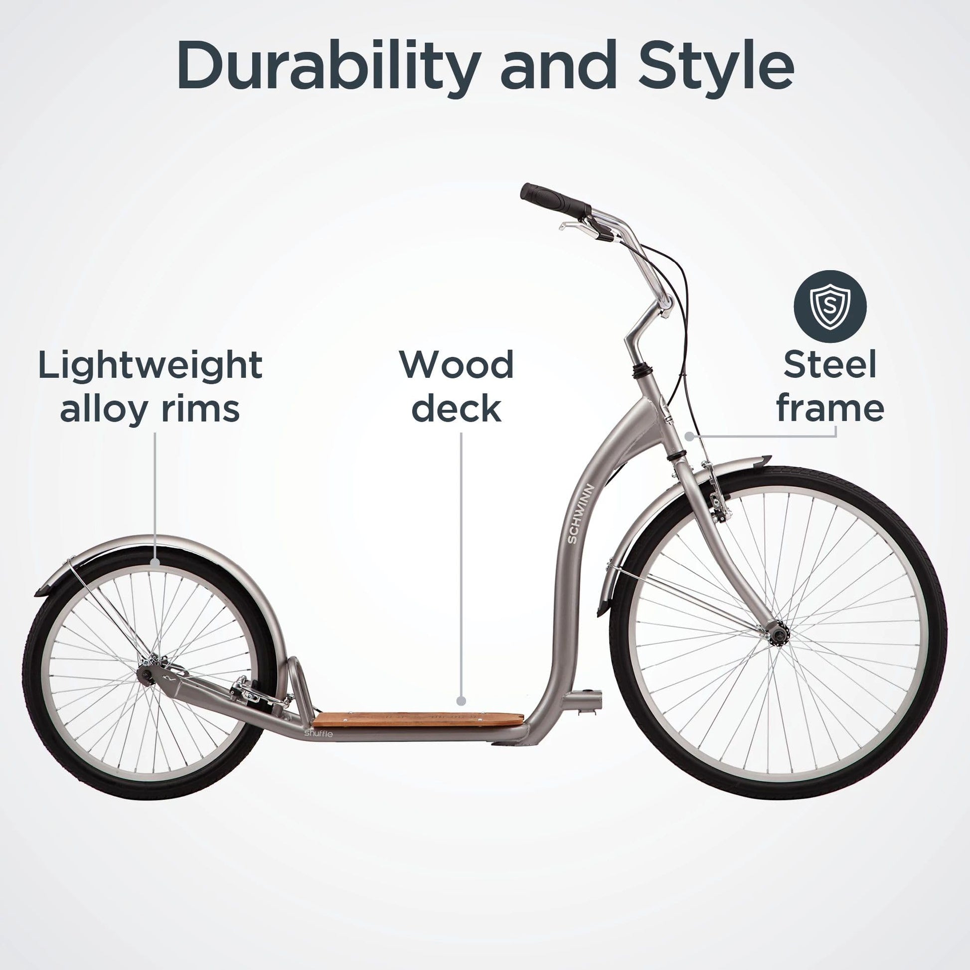 Schwinn Shuffle Adult Scooter, 26-Inch Front Wheel, 20-Inch Rear Wheel, Alloy Linear Pull Brakes, Steel Frame, Grey