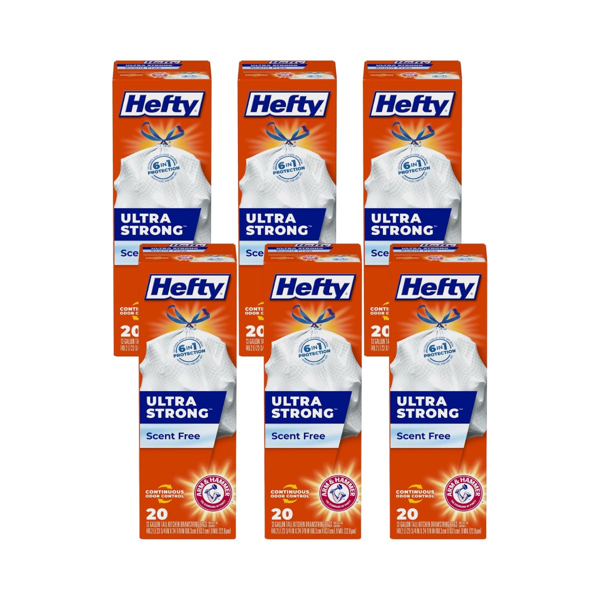 Hefty Ultra Strong Tall Kitchen Trash Bags, Unscented, 13 Gallon 20 Count (Pack of 6)