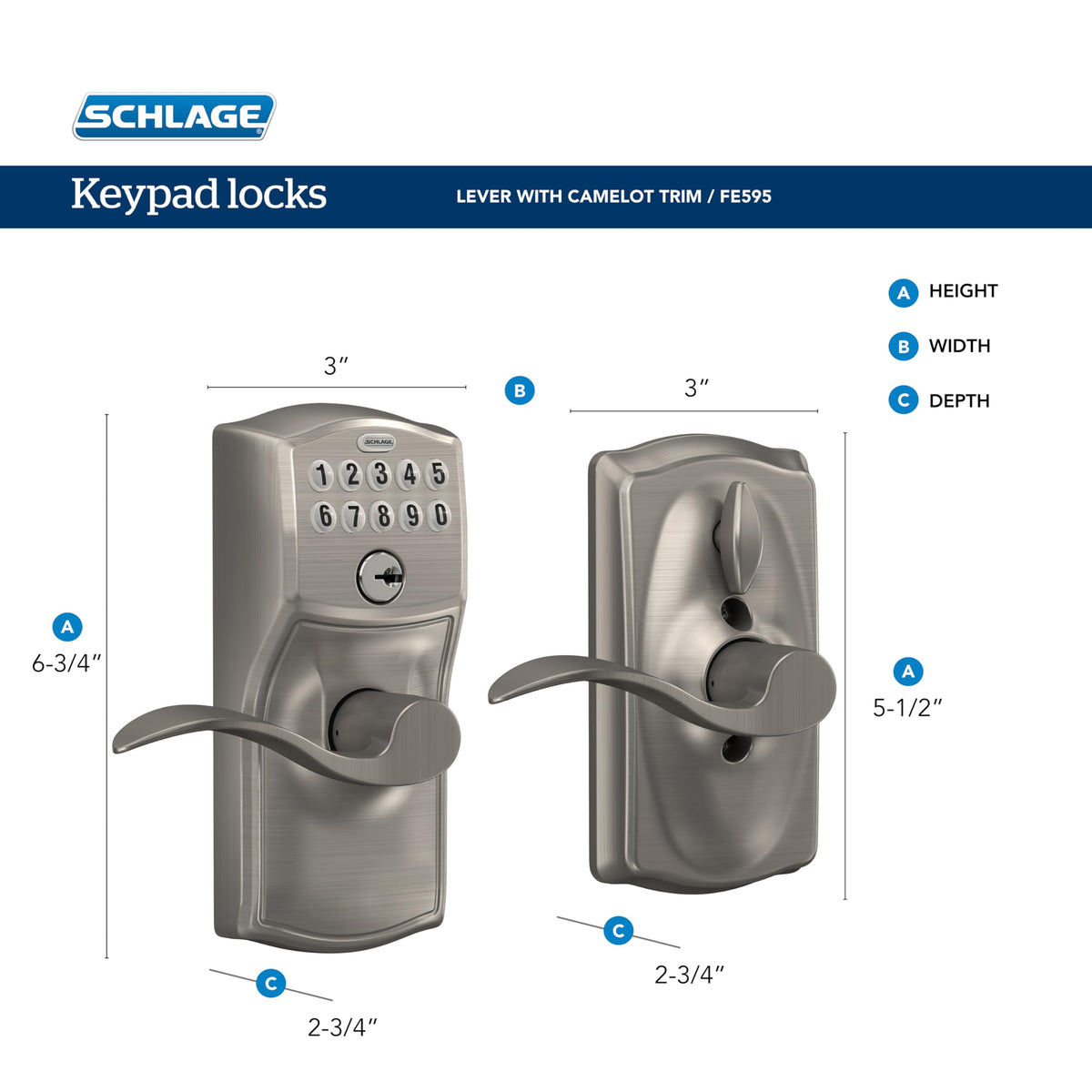 SCHLAGE FE595 CAM 505 16-234 10-027 Camelot by Accent Keypad Lever with Flex Lock, Bright Brass