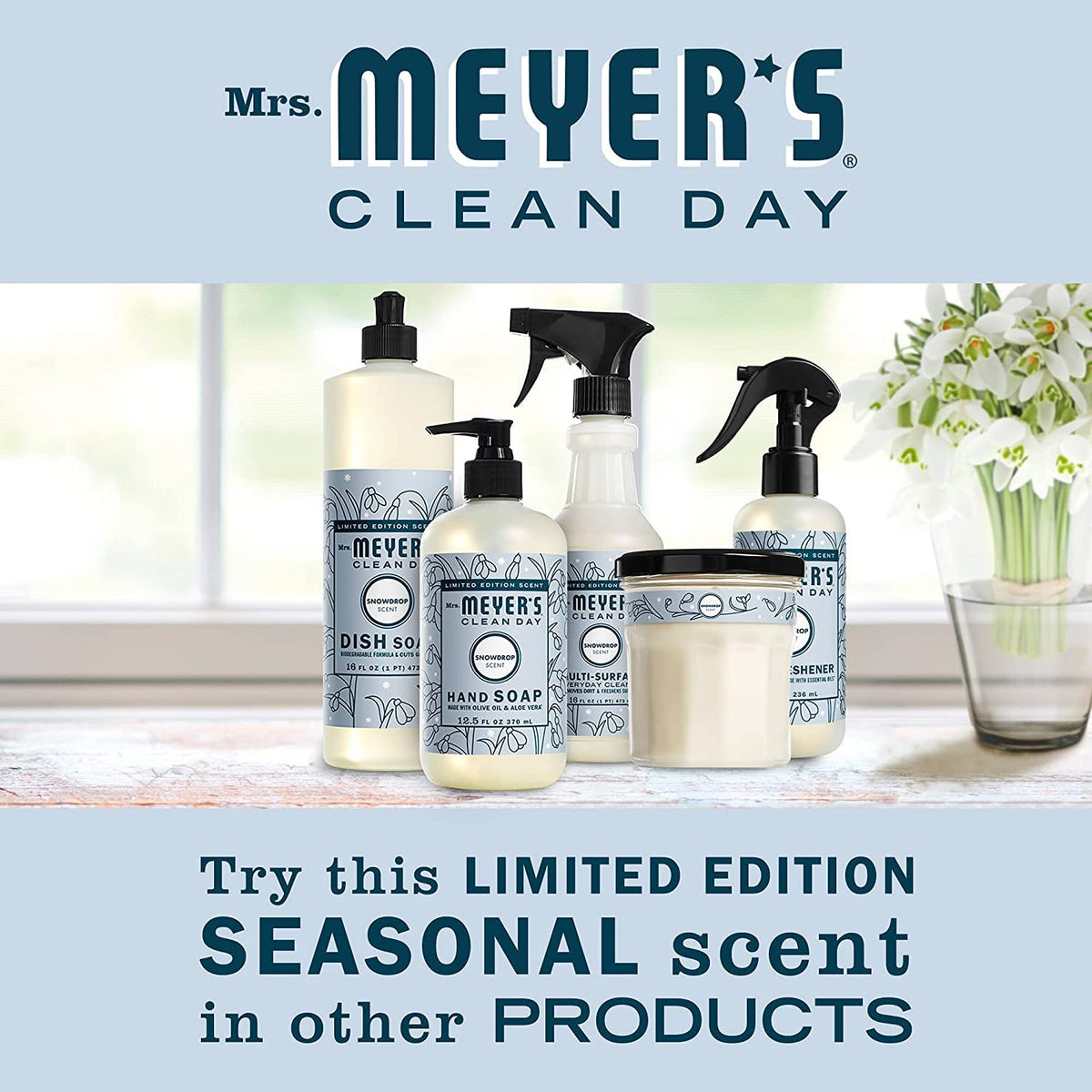 Mrs. MEYER'S Kitchen Set, Dish Soap, Hand Soap, and Multi-Surface Cleaner, 3 CT (Snowdrop)