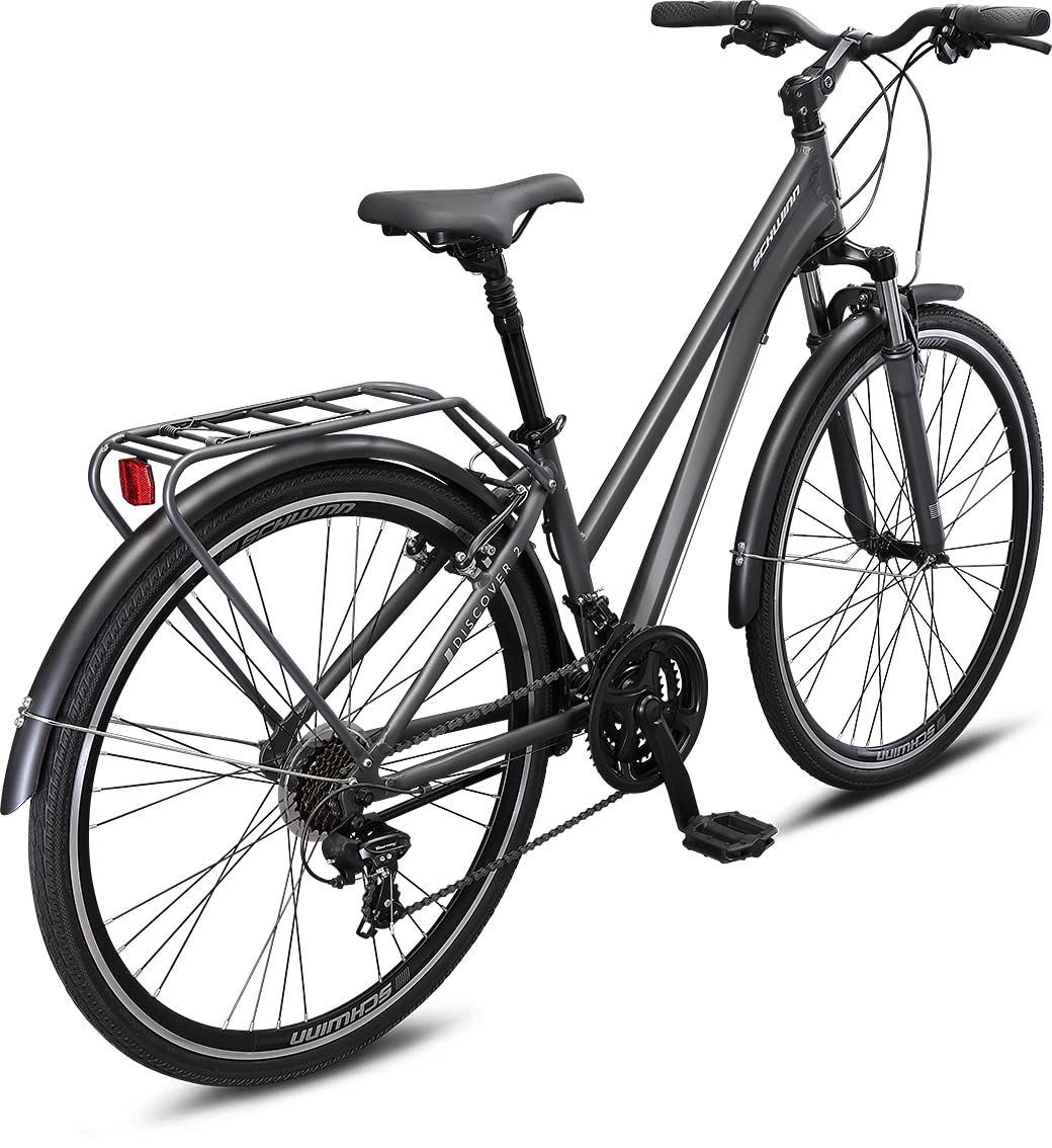 Schwinn Discover 2 Adult Hybrid Bike for Men and Women, 700c Wheels, 21-Speeds, 15-Inch Frame, Front and Rear Fenders, Rear Cargo Rack, Matte Grey