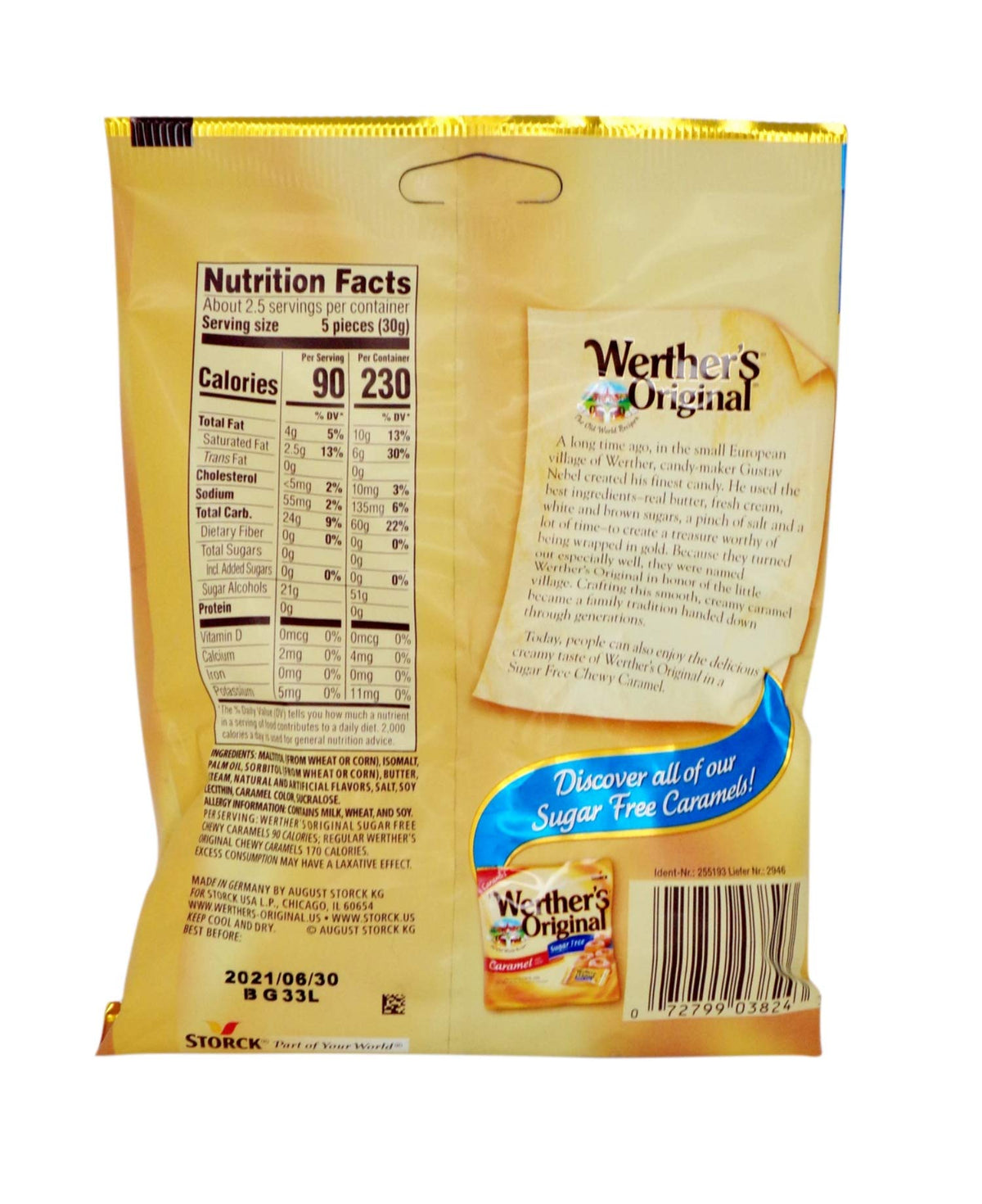 Needzo - Werther's Original Sugar Free Chewy Caramels, Individually Wrapped Candies for Adults, Pack of 2, 2.75 Ounce