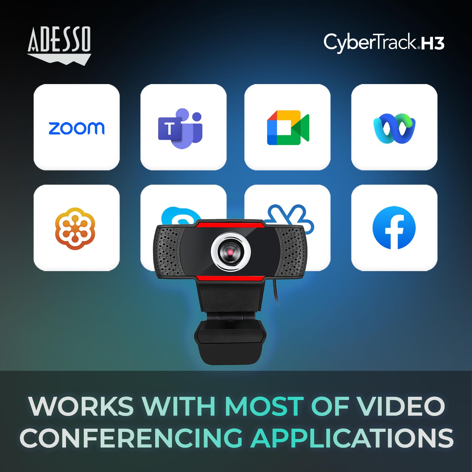 Adesso CyberTrack H3 Webcam 12 Megapixel 30 fps USB 20 1280x720 Video CMOS Sensor Manual-Focus Microphone for PC & Laptop, Black