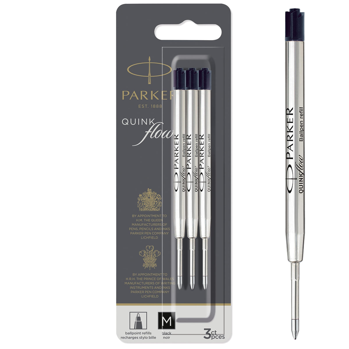 Parker QUINKflow Ballpoint Pen Ink Refills Medium Tip Black 3 Count