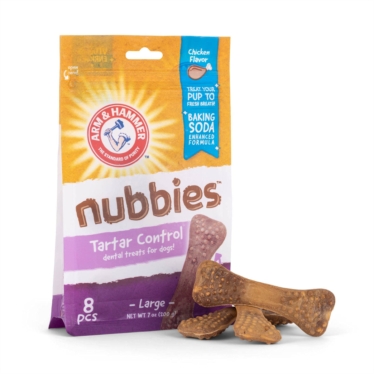 Arm & Hammer for Pets Nubbies Dental Treats for Dogs | Dental Chews Fight Bad Breath, Plaque & Tartar Without Brushing | Chicken Flavor, Size Large (Pack of 1,8 Count Total)