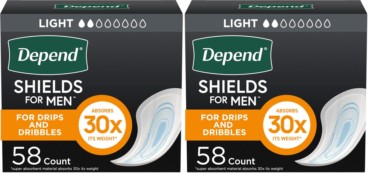 Depend Incontinence/Bladder Control Shields, Incontinence Pads for Men, Light Absorbency, 58 Count (Packaging May Vary) (Pack of 2)