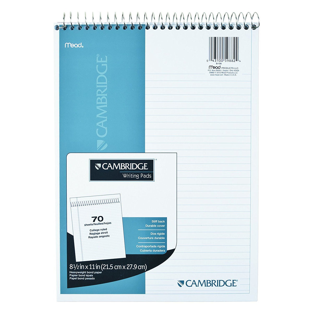 Mead Cambridge Notebook, Wirebound Notepad, Stiff-Back, 8.5 x 11 inches, White, 6 Pack (59882)