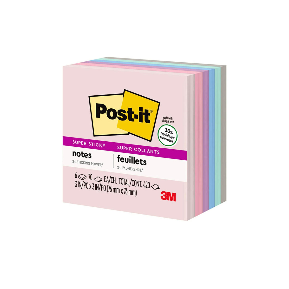 Post-it Super Sticky Recycled Notes, 3 x 3 in, 5 Pads, 2X The Sticking Power, Wanderlust Collection, Pastel Colors, 30% Recycled Paper (654-5SSNRP)