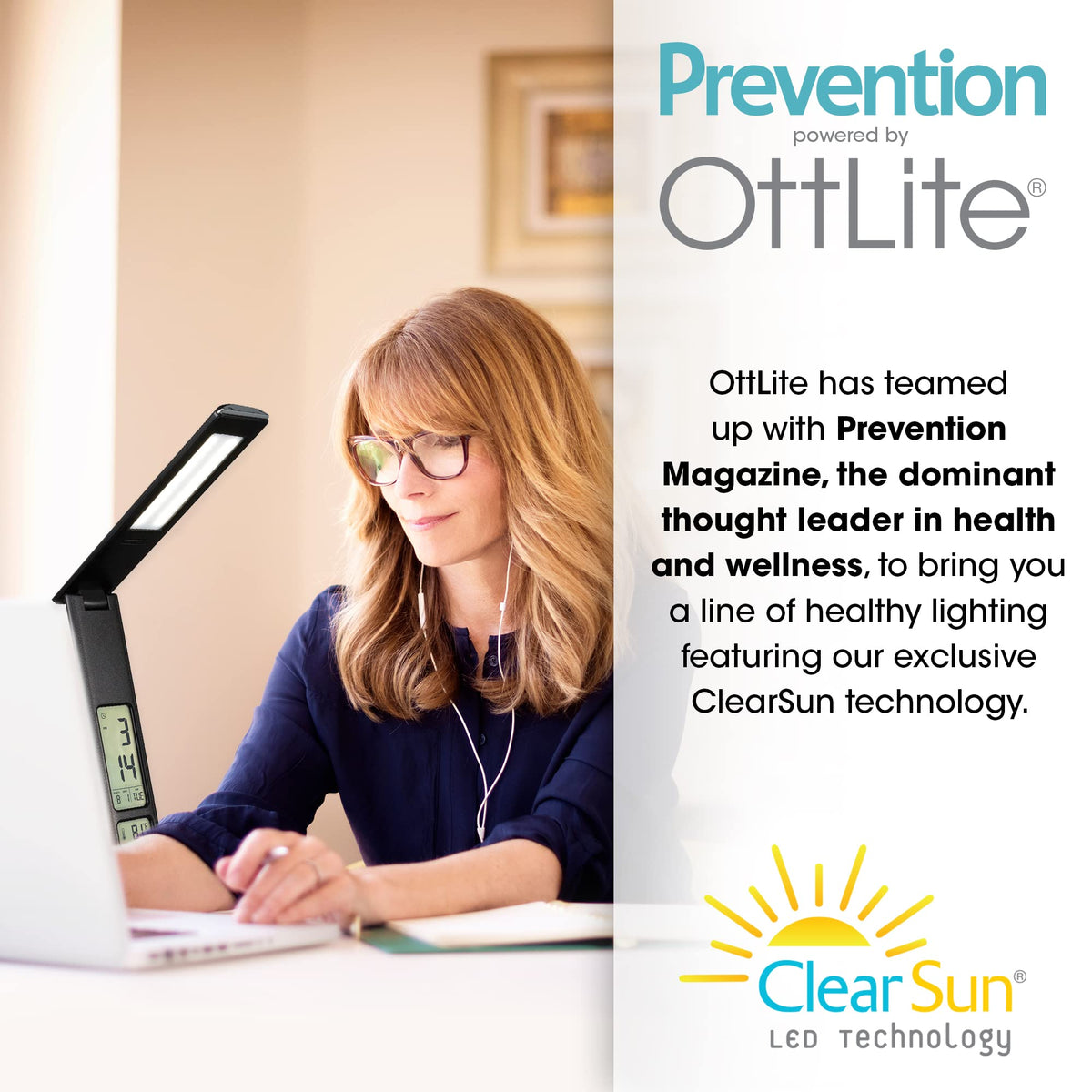 Prevention by OttLite LED Task Adjustable Lamp with Digital Display - Designed to Reduce Eyestrain - Adjustable Neck, 3 Color Modes & USB Charging - Crafting, Office Work, Reading & Studying