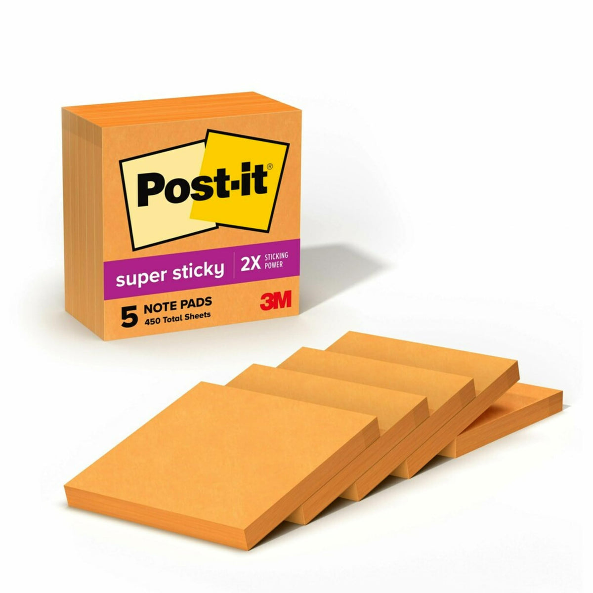 Post-it Super Sticky Notes, 5 Sticky Note Pads, 3 x 3 in., School Supplies, Office Products, Sticky Notes for Vertical Surfaces, Monitors, Walls and Windows, Vital Orange