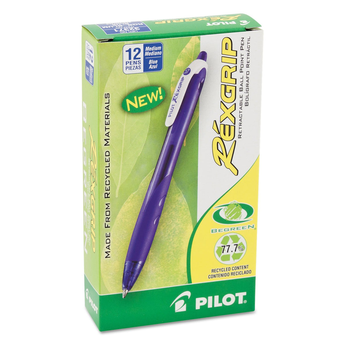 Pilot RexGrip BeGreen Refillable & Retractable Ballpoint Pens, Medium Point, Blue Ink, 12-Pack (32371)