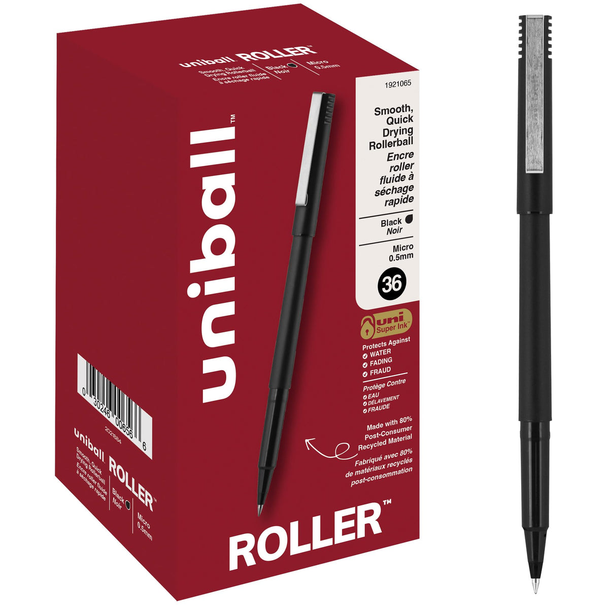 uni-ball® Roller Micro Pens, Micro Point, 0.5 mm, Black Barrel, Black Ink, Pack Of 36