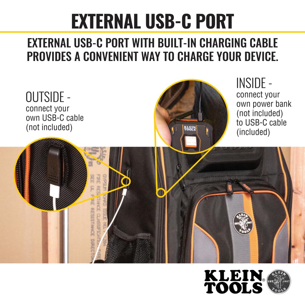 Klein Tools 62805BPTECH 28-Pocket Laptop Backpack Tool Bag, Tradesman Pro Extra-Large Tech Tool Backpack with Molded Bottom, Charging Port