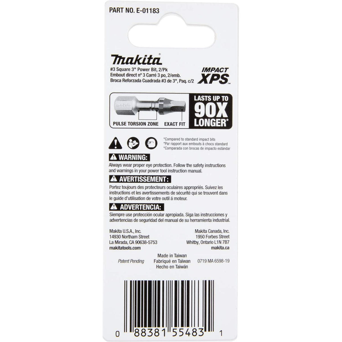 Makita E-01183 Impact XPS™ #3 Square 3" Power Bit, 2/pk