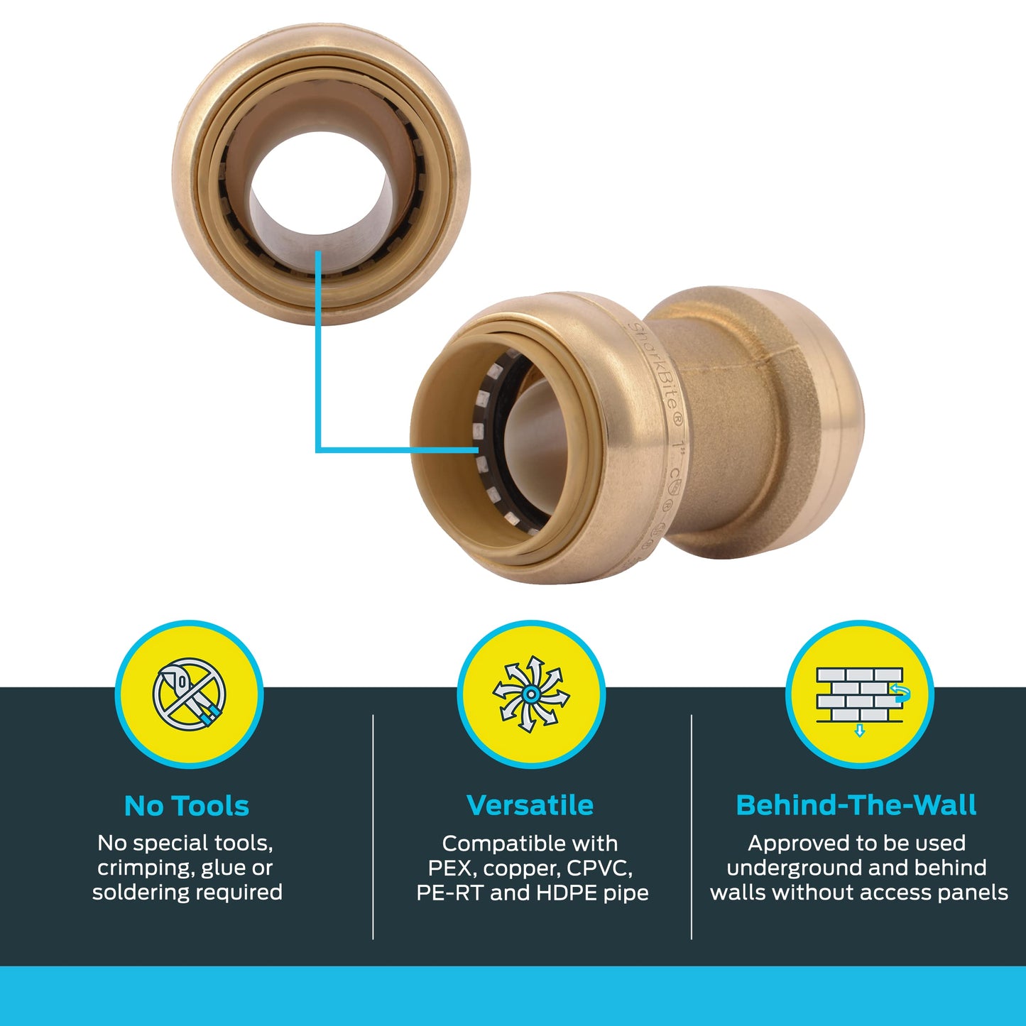 SharkBite 1 Inch Coupling, Pack of 6, Push to Connect Brass Plumbing Fitting, PEX Pipe, Copper, CPVC, PE-RT, HDPE, U020LF