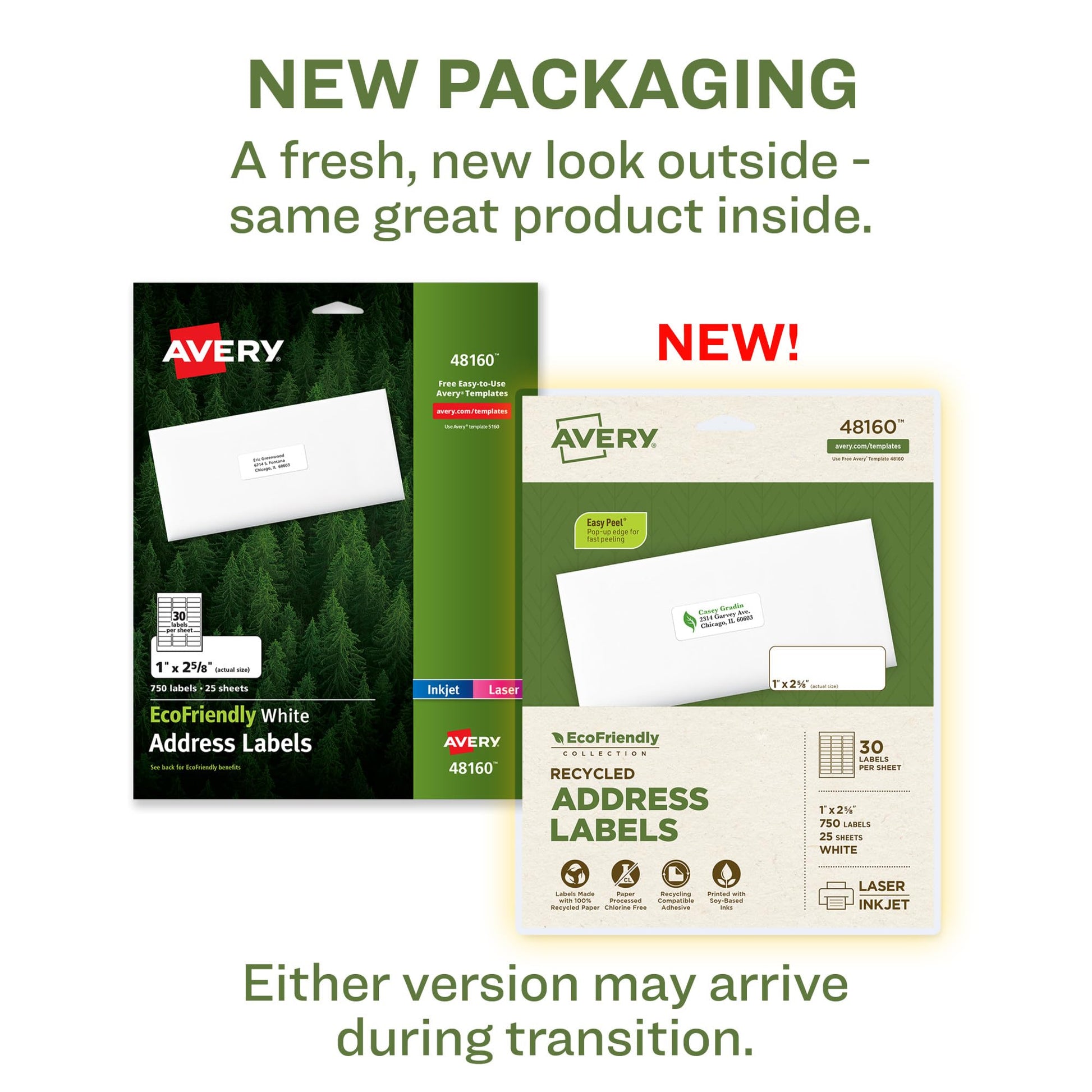 Avery EcoFriendly Recycled Address Labels, 1" x 2-5/8", White, Permanent Label Adhesive, 750 Printable Labels (48160)