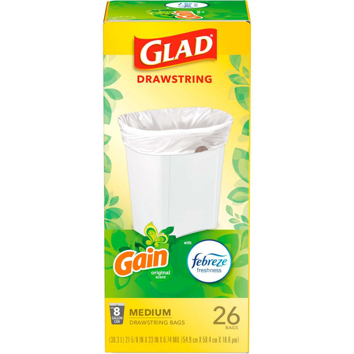 Glad Medium Trash Bags, 8 Gallon, Gain Original with Febreze Garbage Bags, With Odor Control and Drawstring, 26 Count