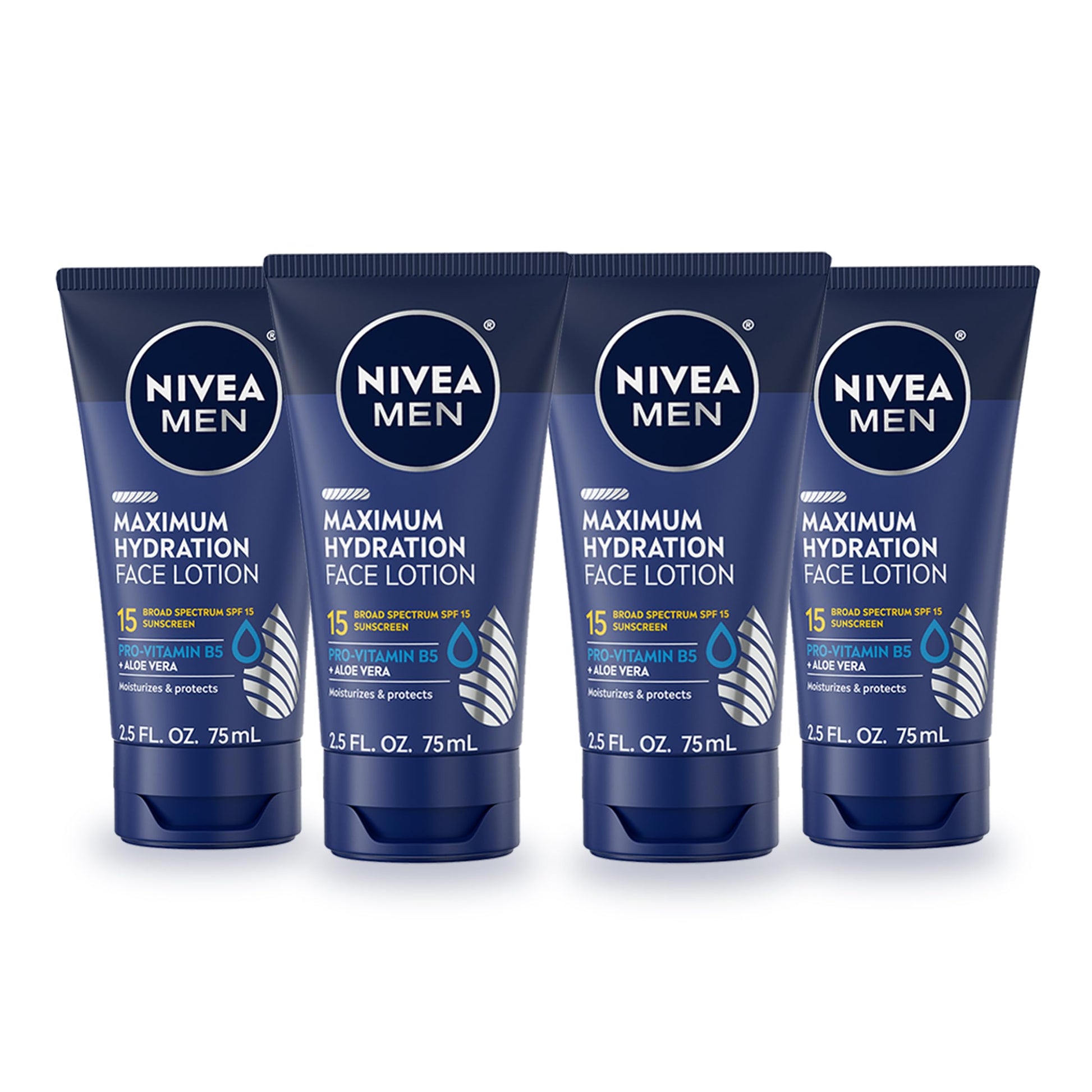 NIVEA MEN Maximum Hydration Face Lotion, Face Lotion with Broad Spectrum SPF 15 Sunscreen for Men, 4 Pack of 2.5 Fl Oz Tubes