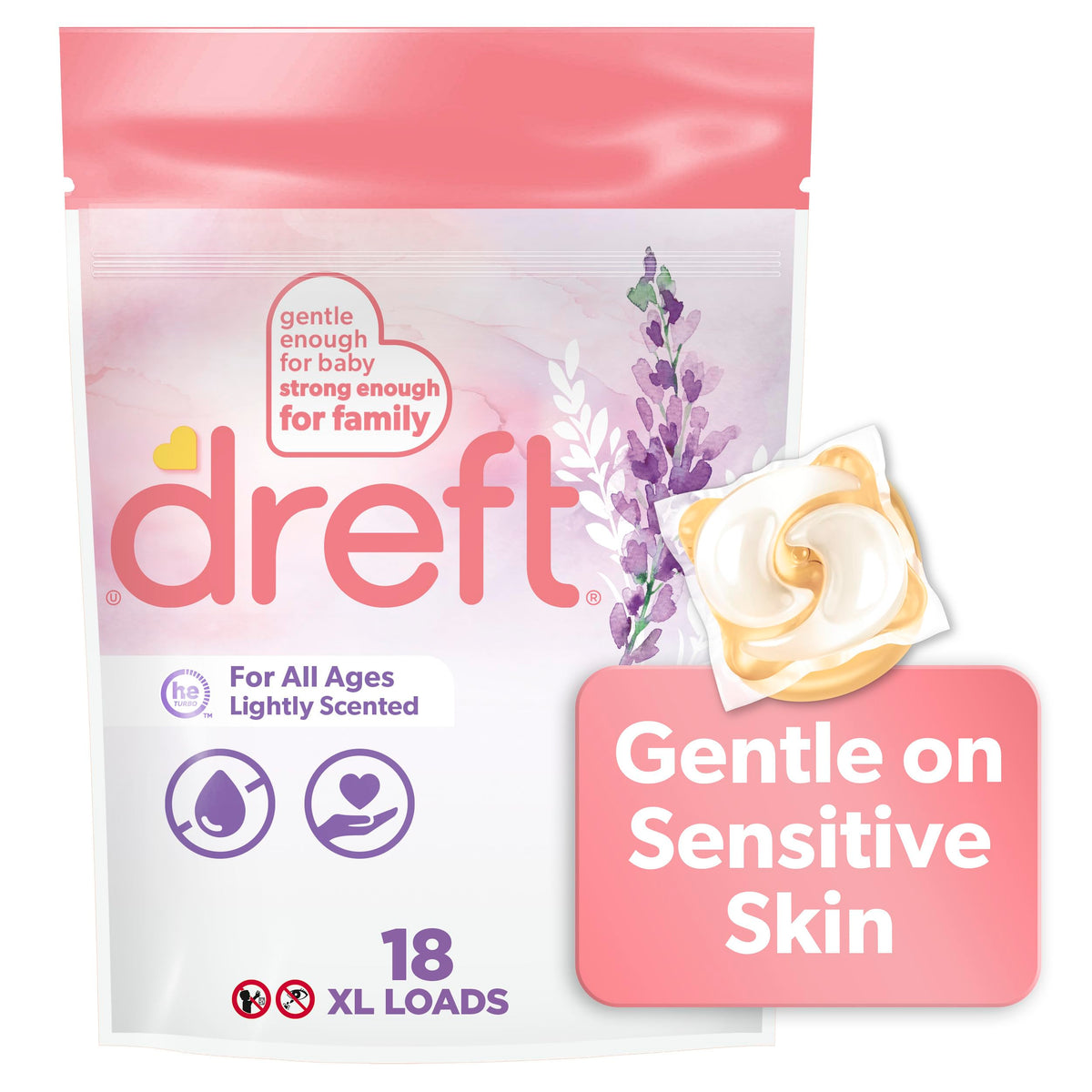 Dreft Laundry Detergent XL Pacs, Light Scent, Lavender, 18 Count